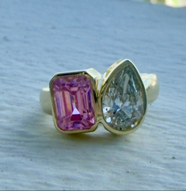 Take Two Toi et Moi Ring with a pink sapphire and pear cut diamond in yellow gold  — Waltz Diamonds
