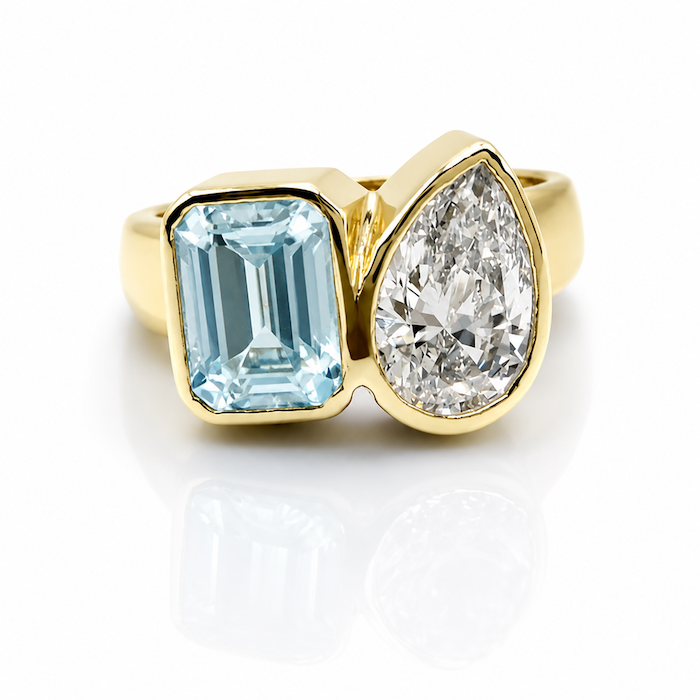 Take Two Toi et Moi Ring with an emerald cut aquamarine and pear cut diamond in yellow gold  — Waltz Diamonds