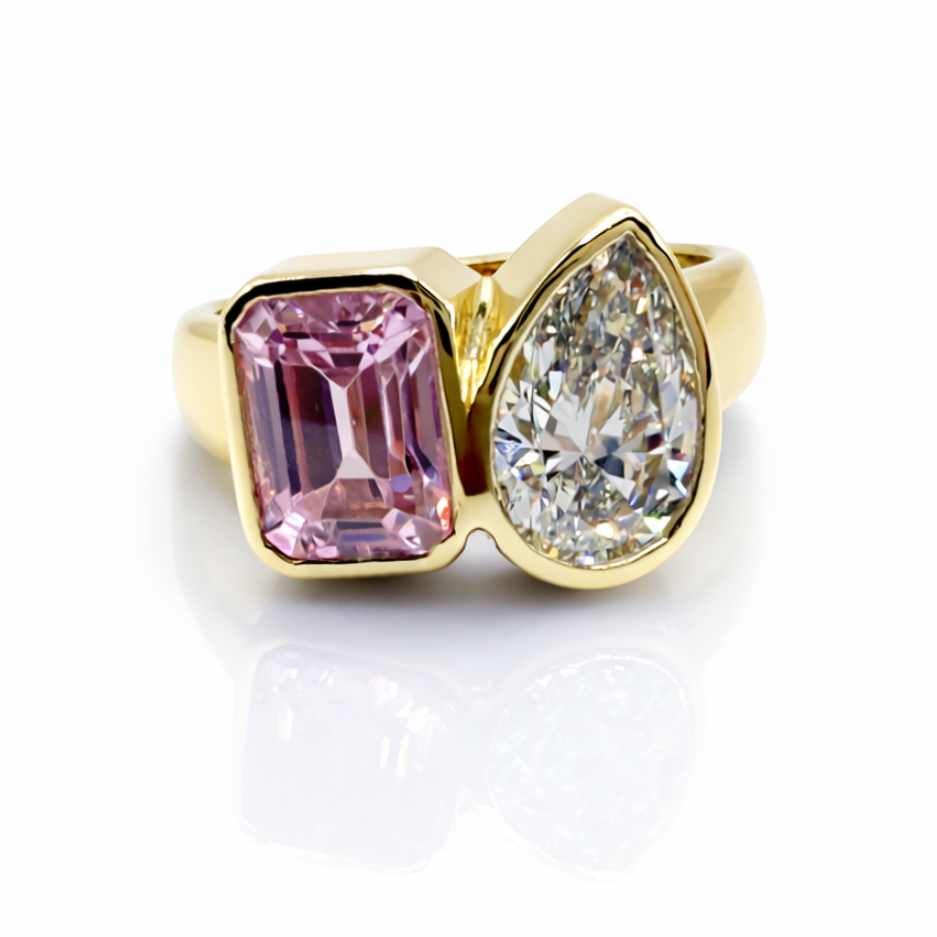 Take Two Toi et Moi Ring with a pink sapphire and pear cut diamond in yellow gold  — Waltz Diamonds