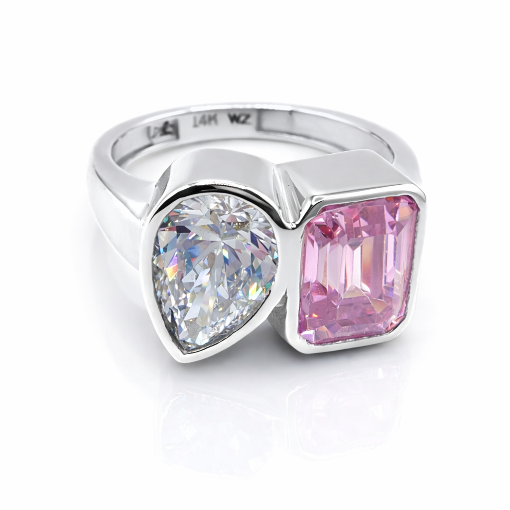 Take Two Toi et Moi Ring with a pink sapphire and pear cut diamond in white gold  — Waltz Diamonds
