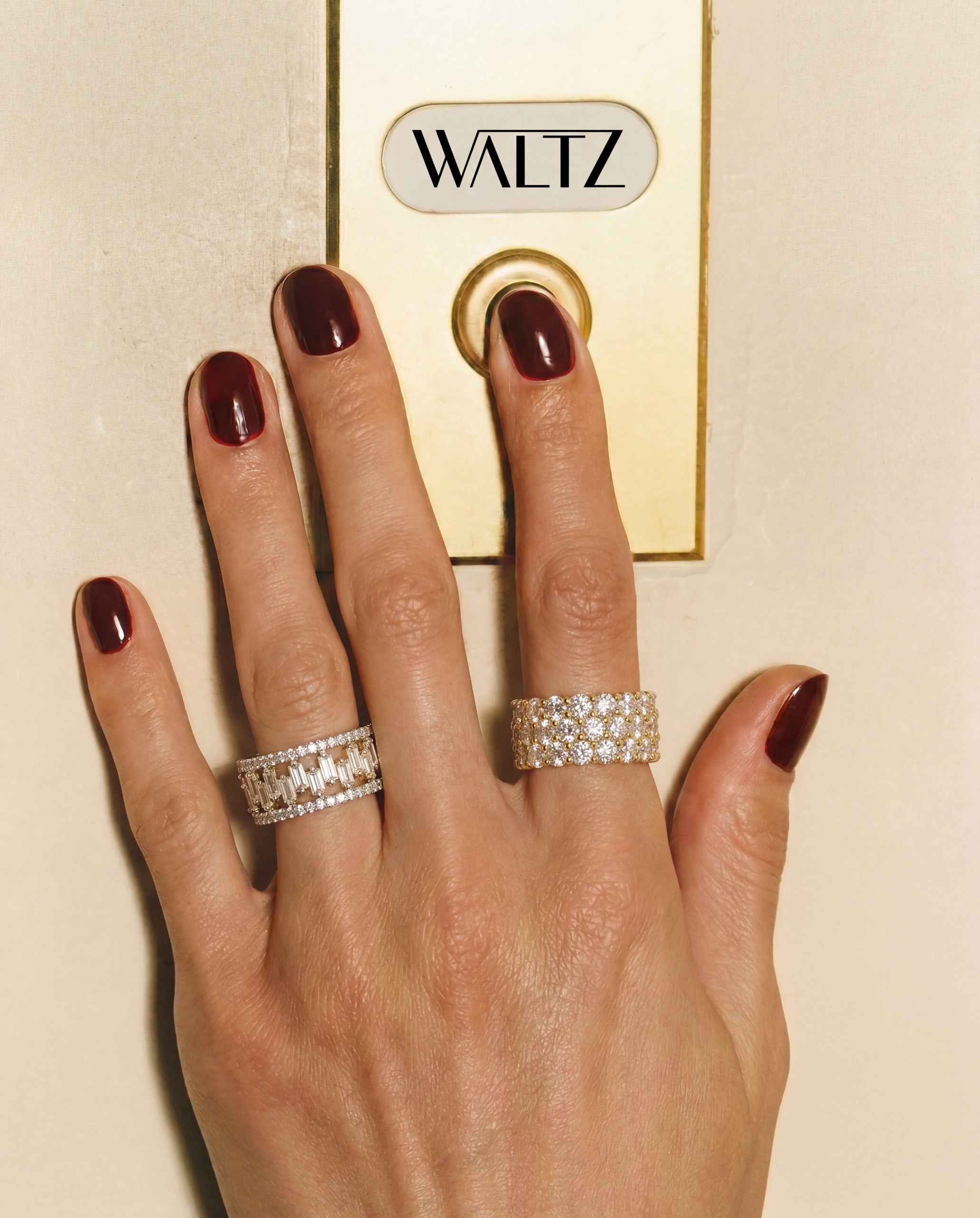 Tango Ni9or band and the honeycomb band worn on model —Waltz Diamonds