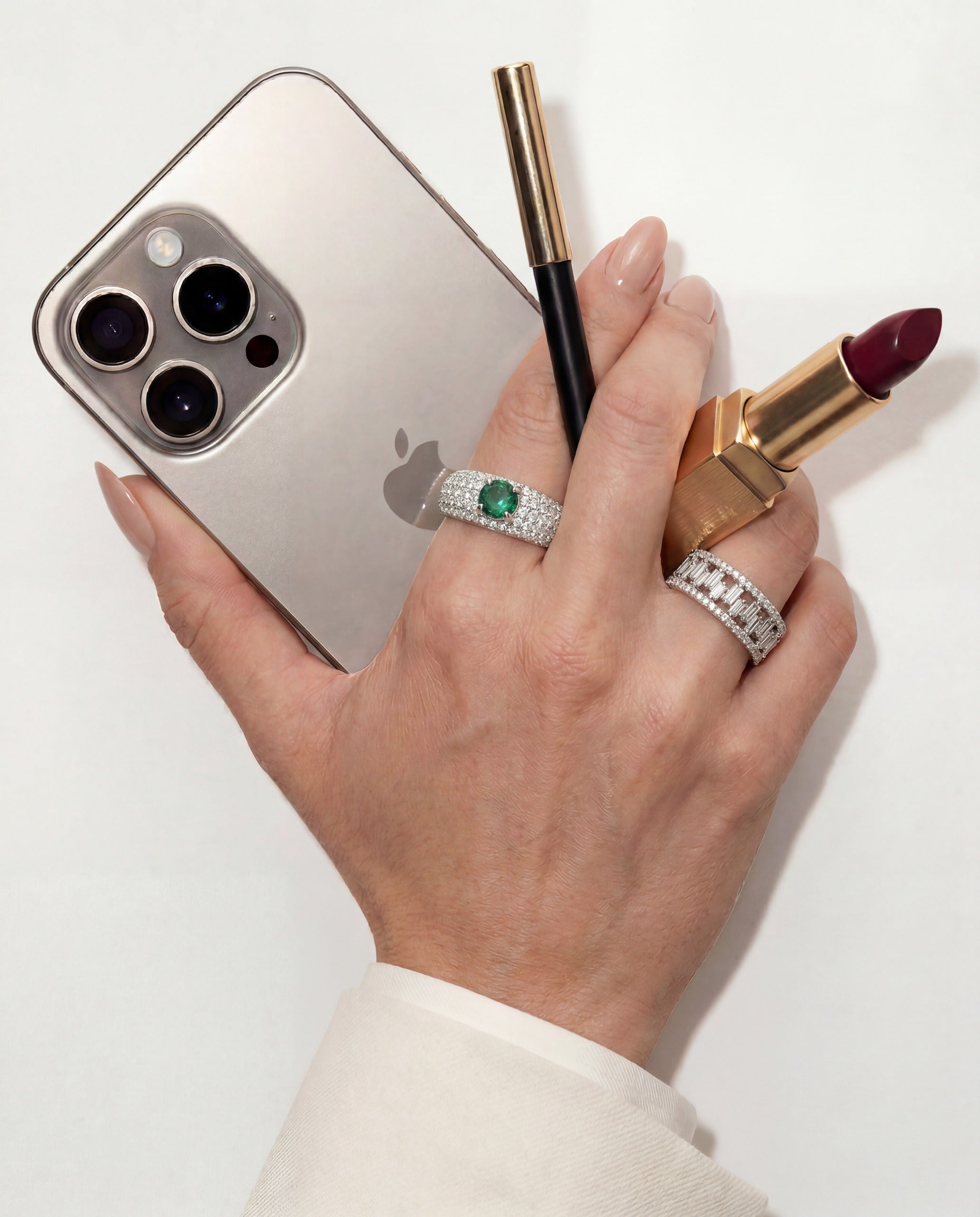 Tango nior band in white gold styled with the secret portal ring and accessorized on models hand—Waltz Diamonds