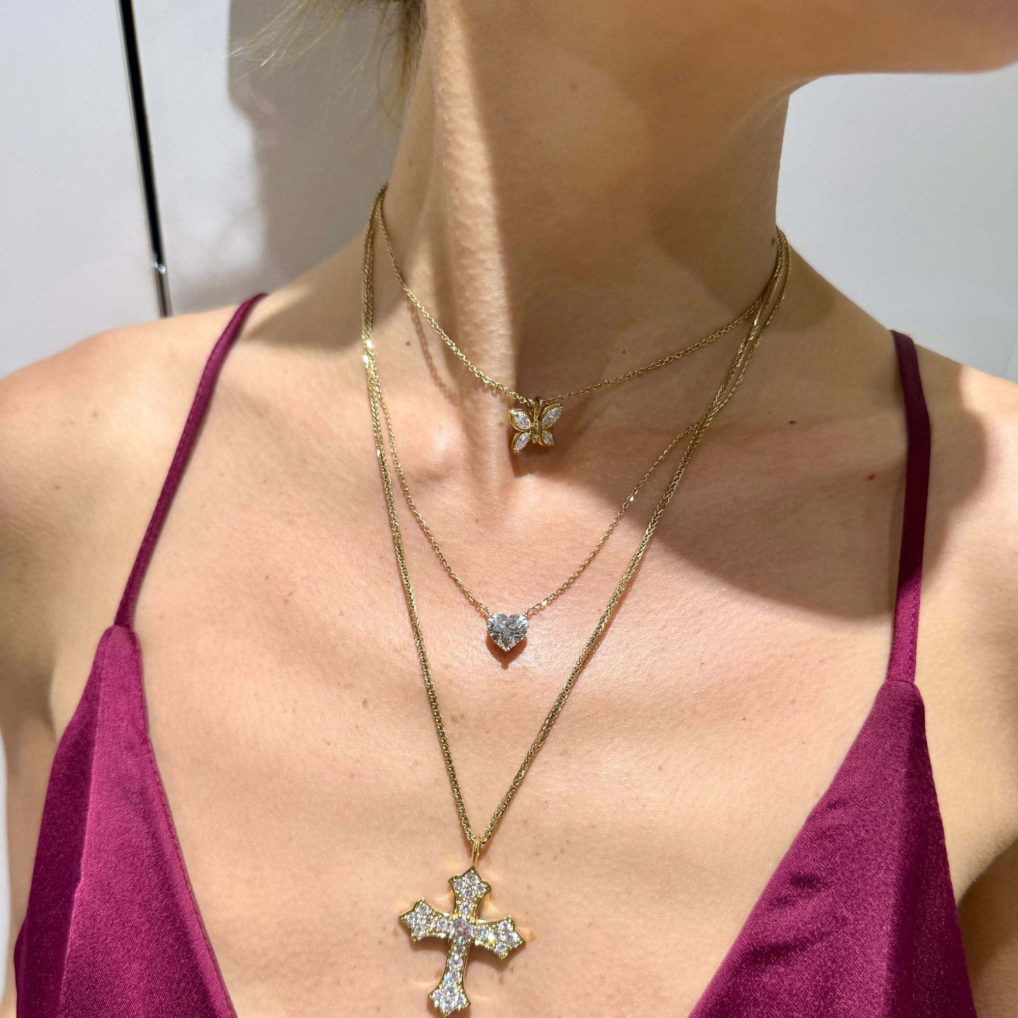 The chosen heart pendant 3 carat and yellow gold worn on model—Waltz Diamonds