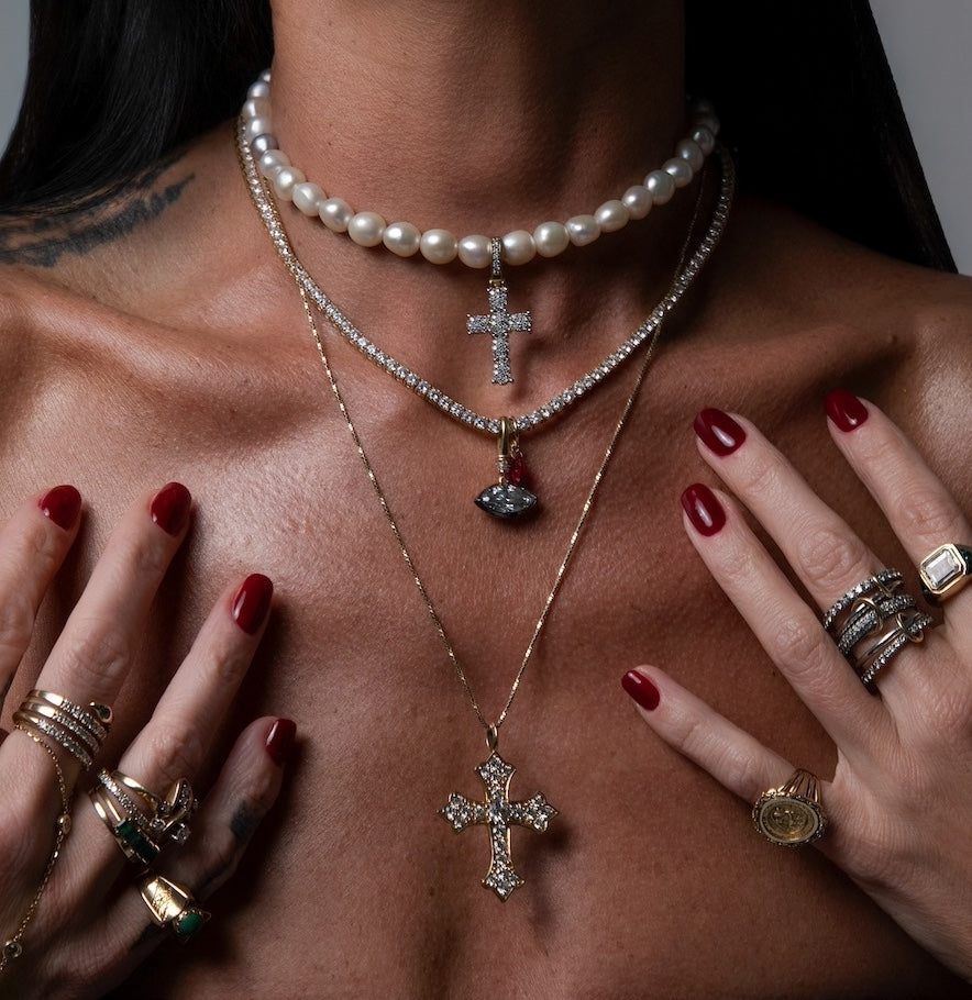 Thou Shall Not Fear Diamond cross pendant layered with other Waltz Diamonds Pieces—Waltz Diamonds