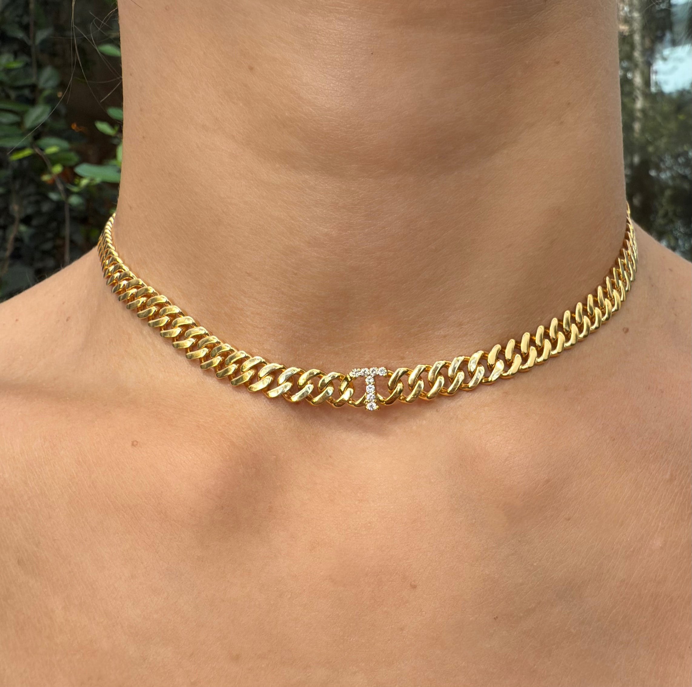 Trinity link cuban chain with diamond letter T, on model 
