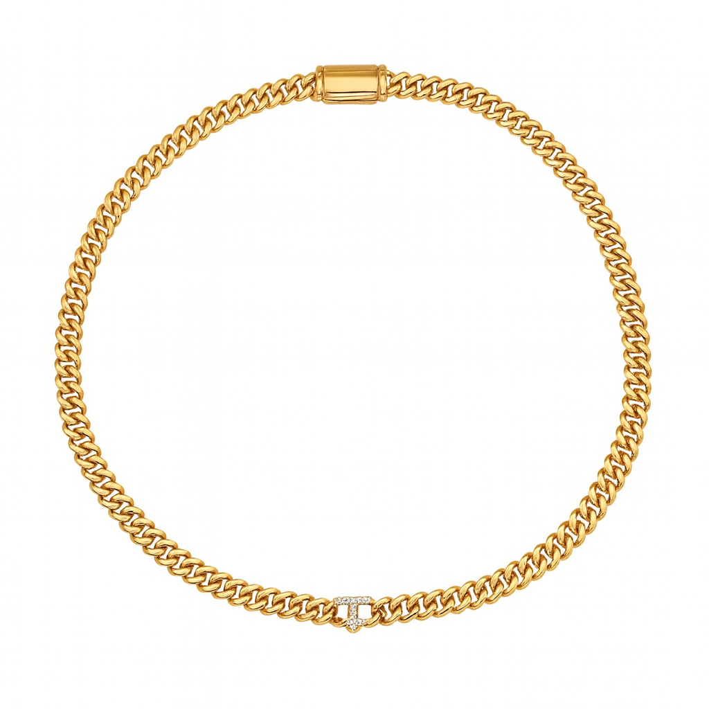 Trinity link chain gold cuban style chain with a diamond letter at center.