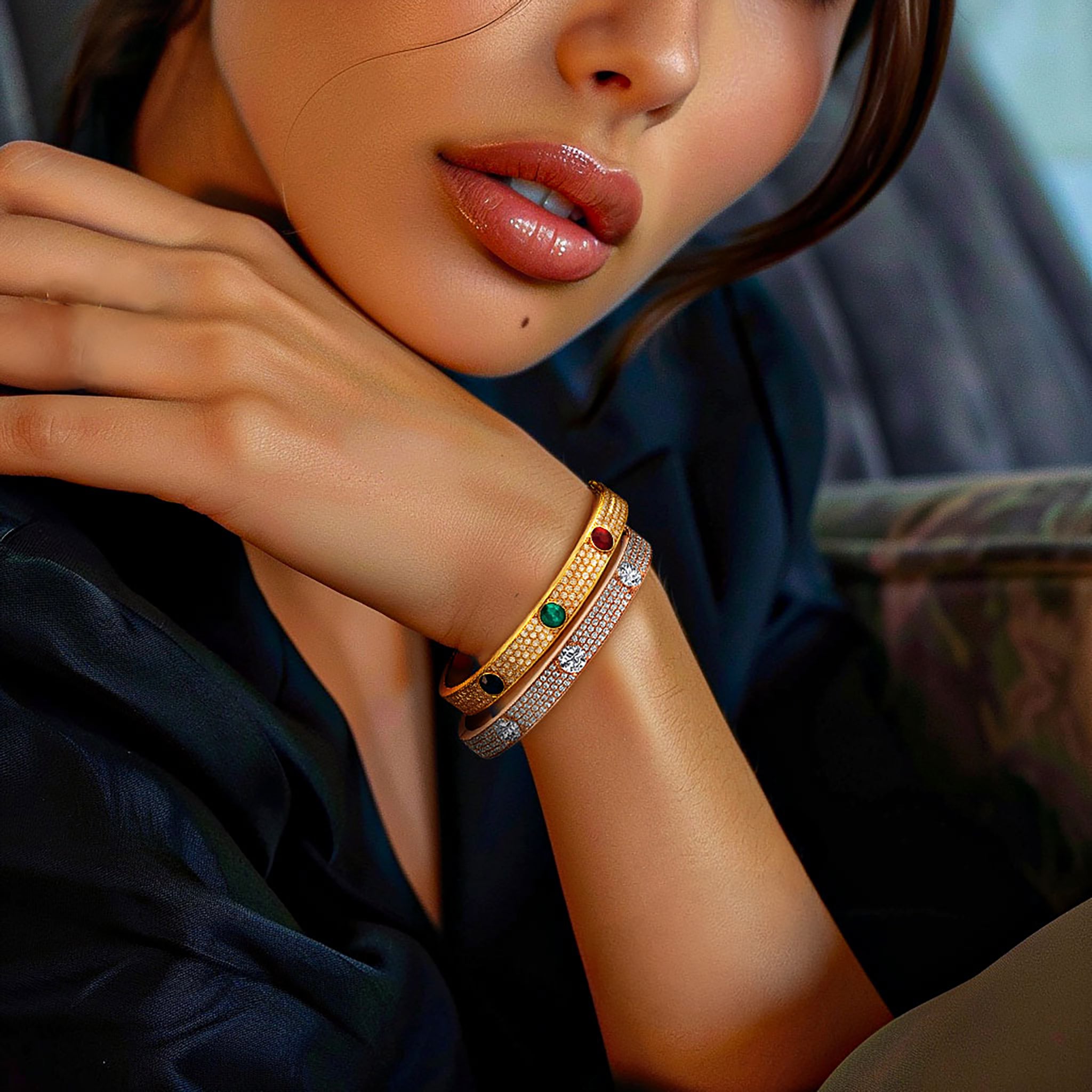 Triple threat bangle bracelet in both yellow and rose gold multi-colored and diamond stones on model