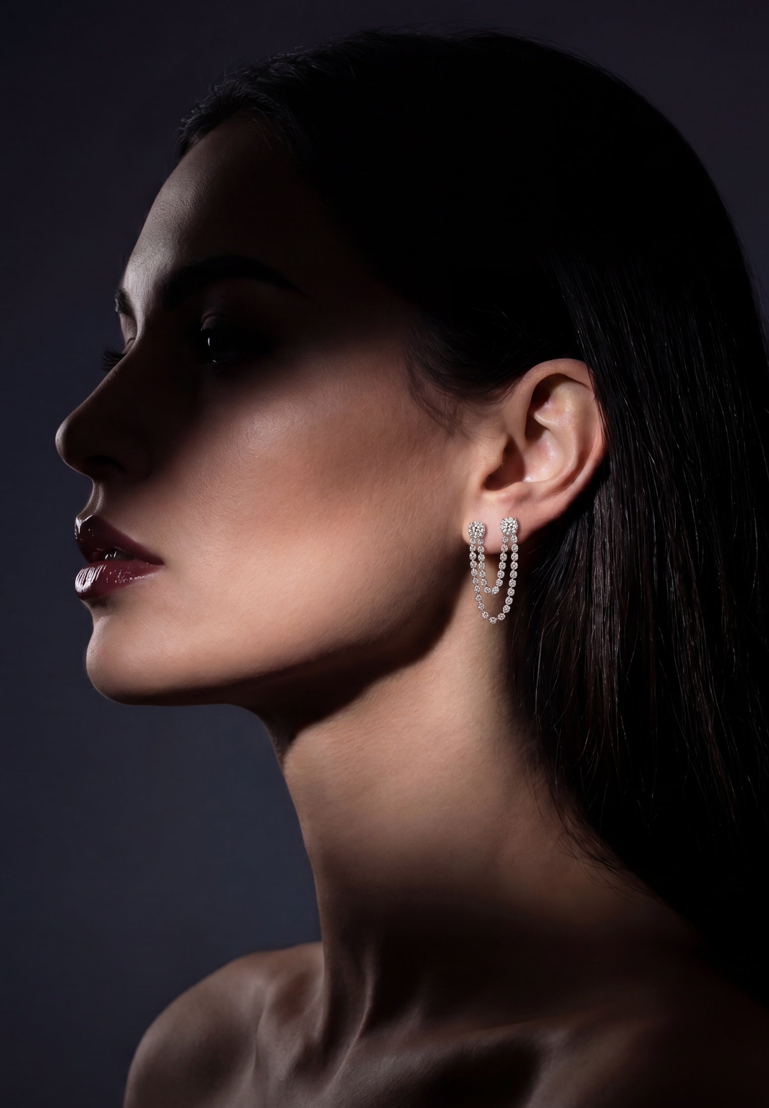 Two Step Diamond Drop Earrings for double pierced ears on model — Waltz Diamonds