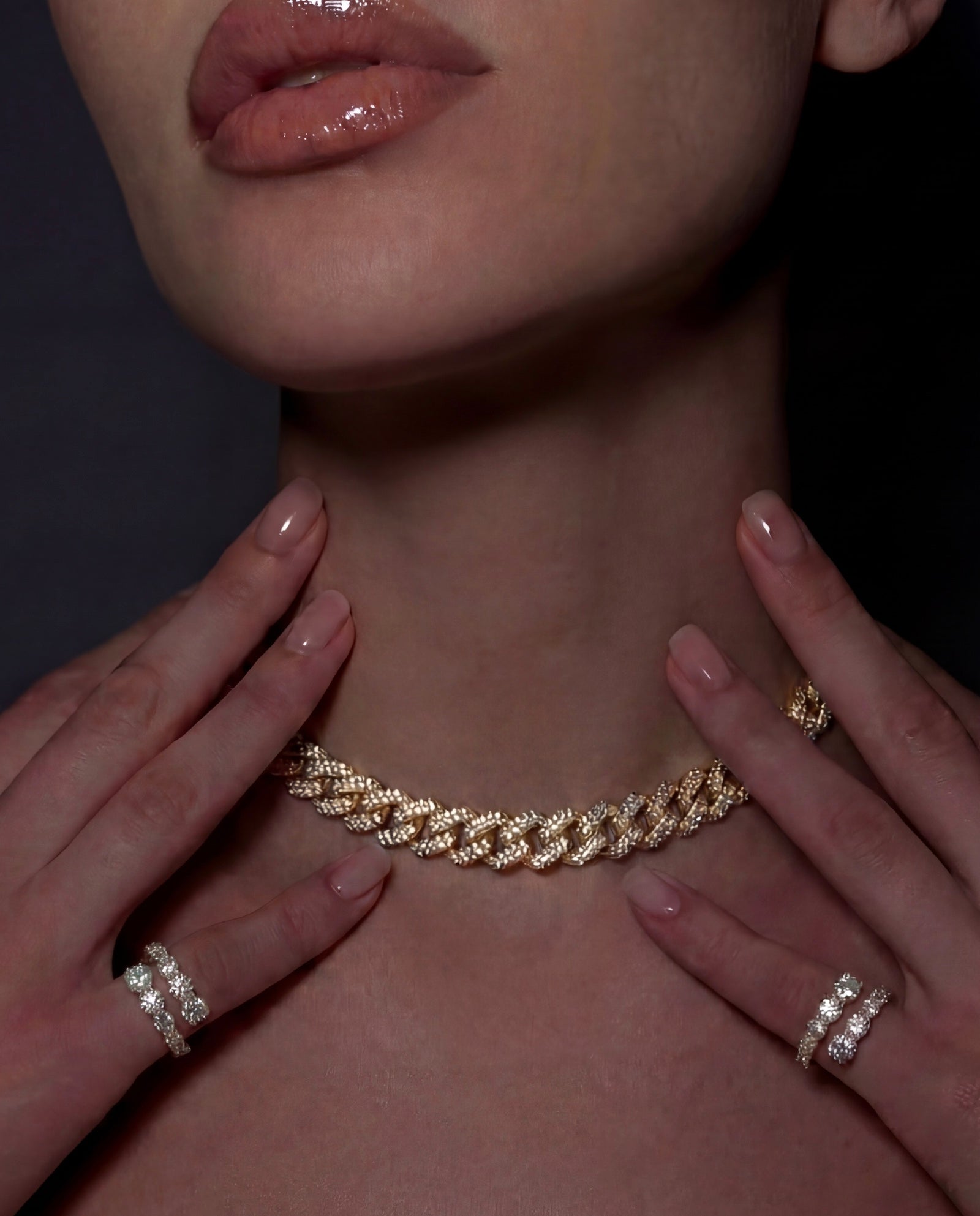 Wrap Party diamond bypass ring in yellow gold worn on models pinkys — Waltz Diamonds