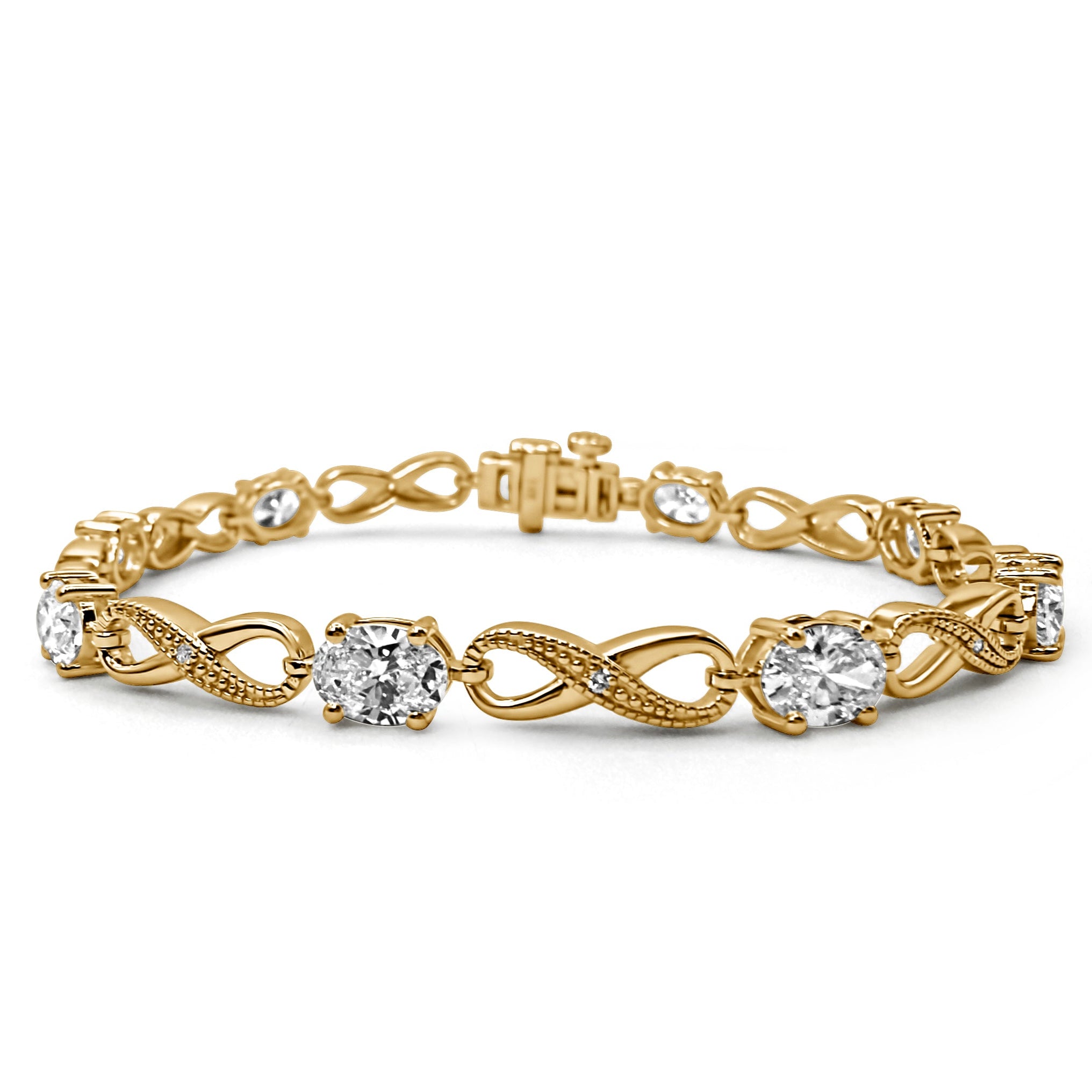 Yellow gold infinity abundance bracelet with sustainable diamonds on a white background