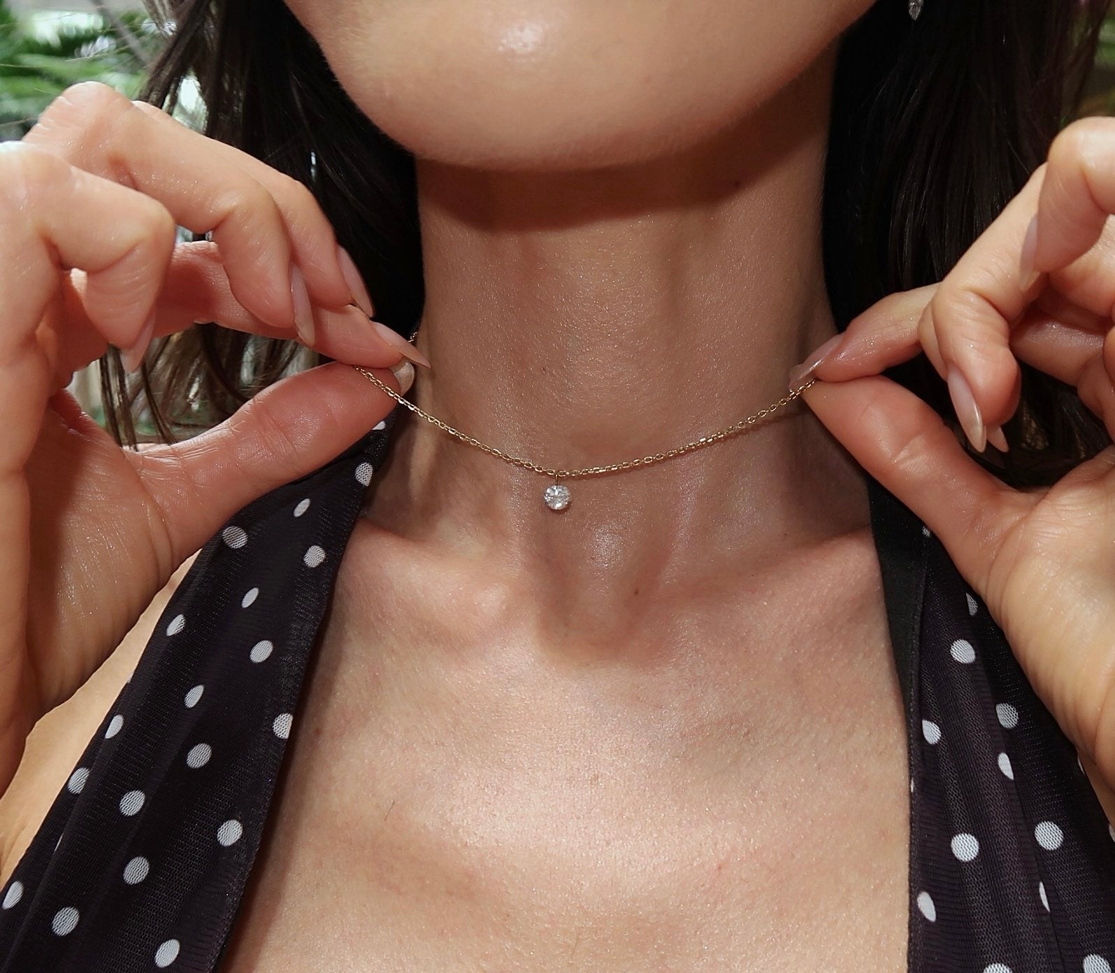 Adora Daphne floating .50 carat diamond necklace 14k yellow gold on model — Waltz Diamonds.