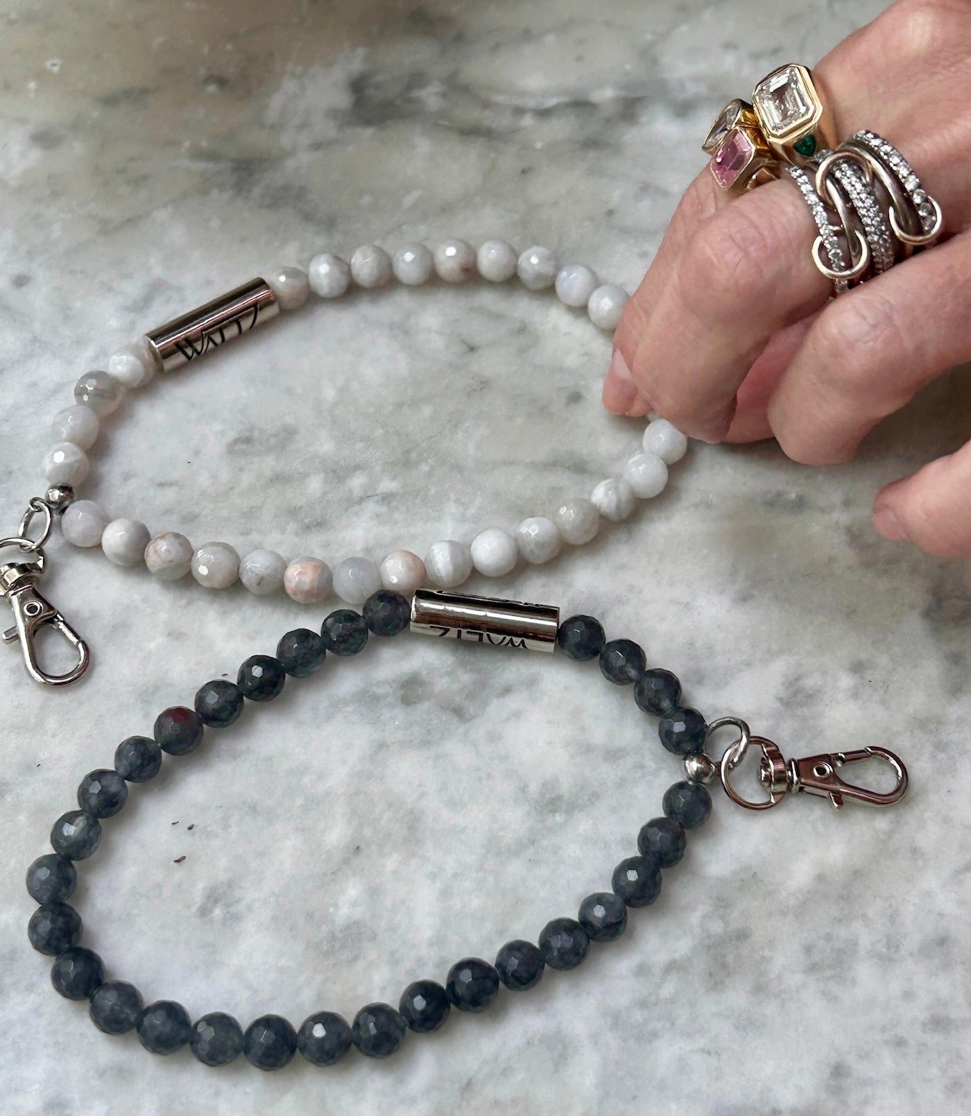 Agate phone wristlet shown in smoke and moon — Waltz Diamonds