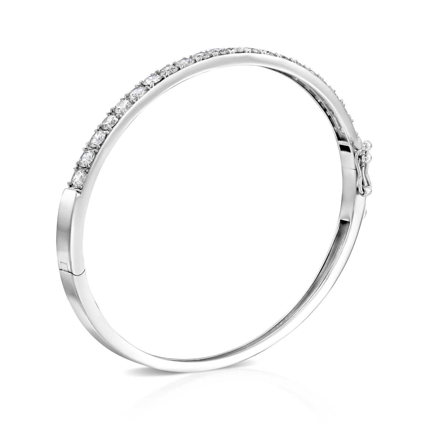 White gold All Day Everyday Bangle standing upright, highlighting the hidden clasp and diamond alignment.