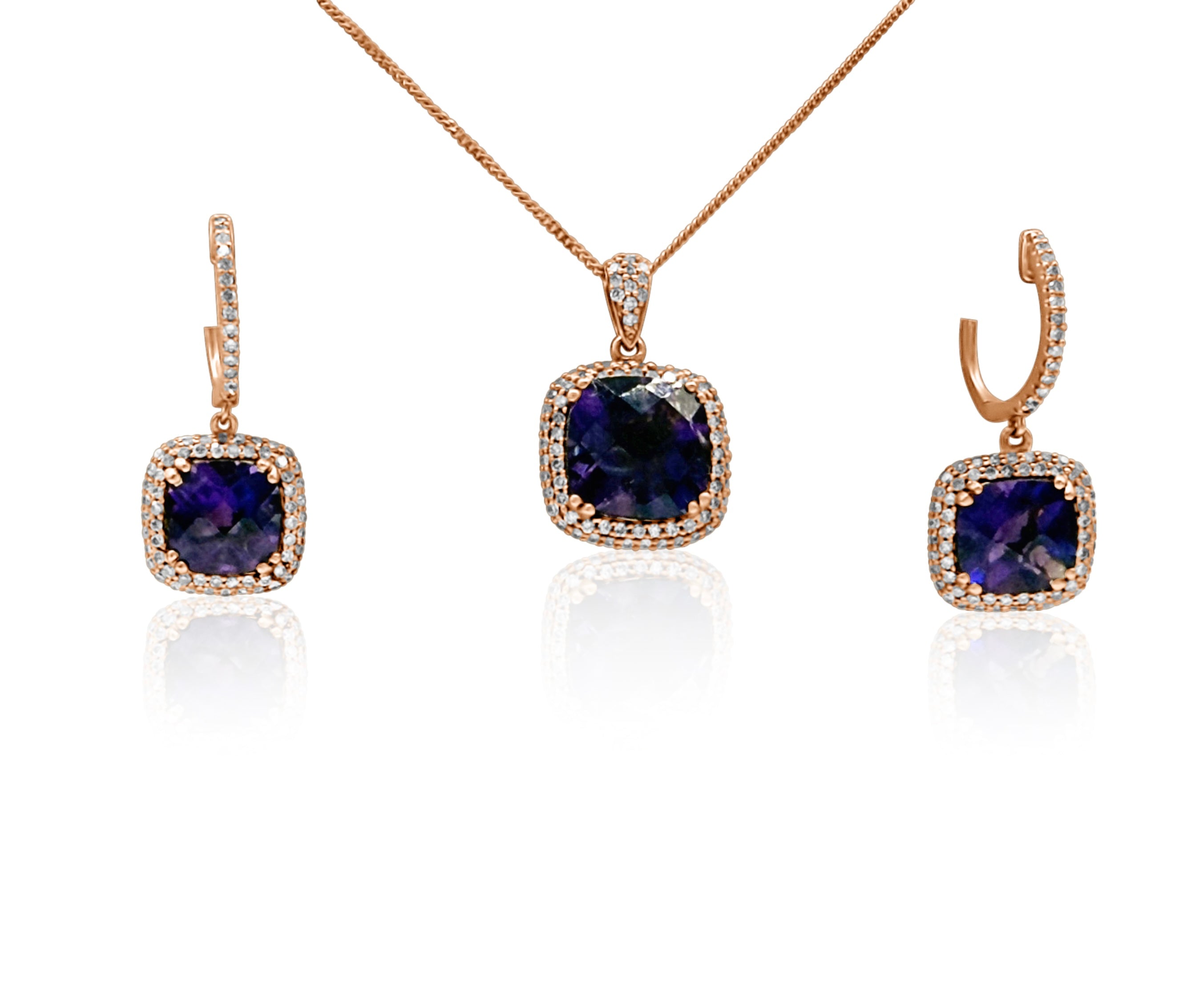 Almighty Amethyst Earrings and matching necklace set in 14k rose gold with diamonds and amethysts