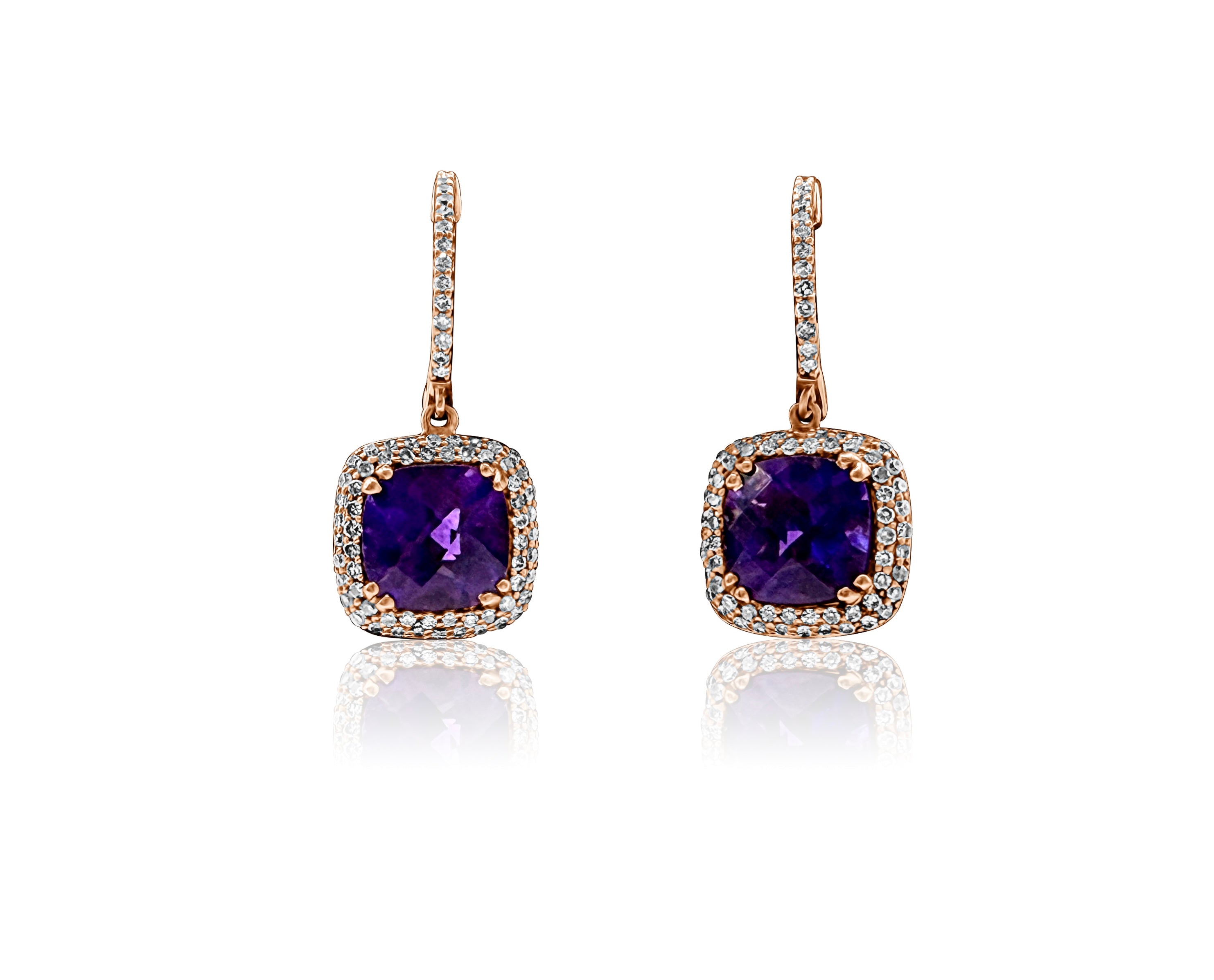 Pair of Almighty Amethyst Earrings in 14k rose gold with cushion-cut amethysts and diamond halos