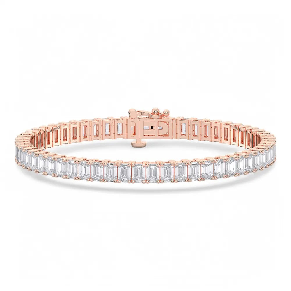 Always Evolving emerald cut tennis bracelet in rose gold, with visible clasp and clean interior curve on white background.