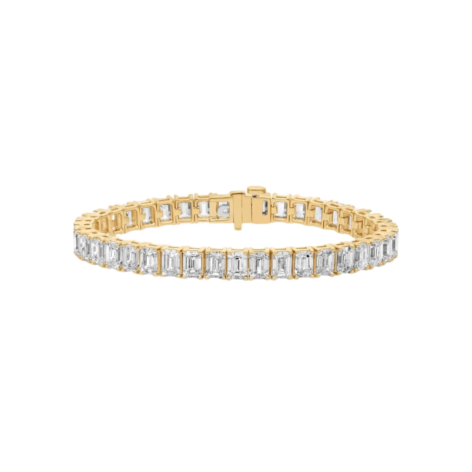 Always Evolving emerald cut diamond tennis bracelet in yellow gold, product photo showing clasp and inner structure.