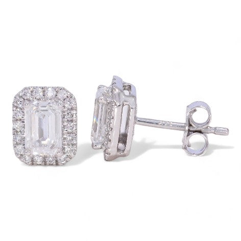 White gold Angel Studs with emerald-cut diamonds, shown from front and side