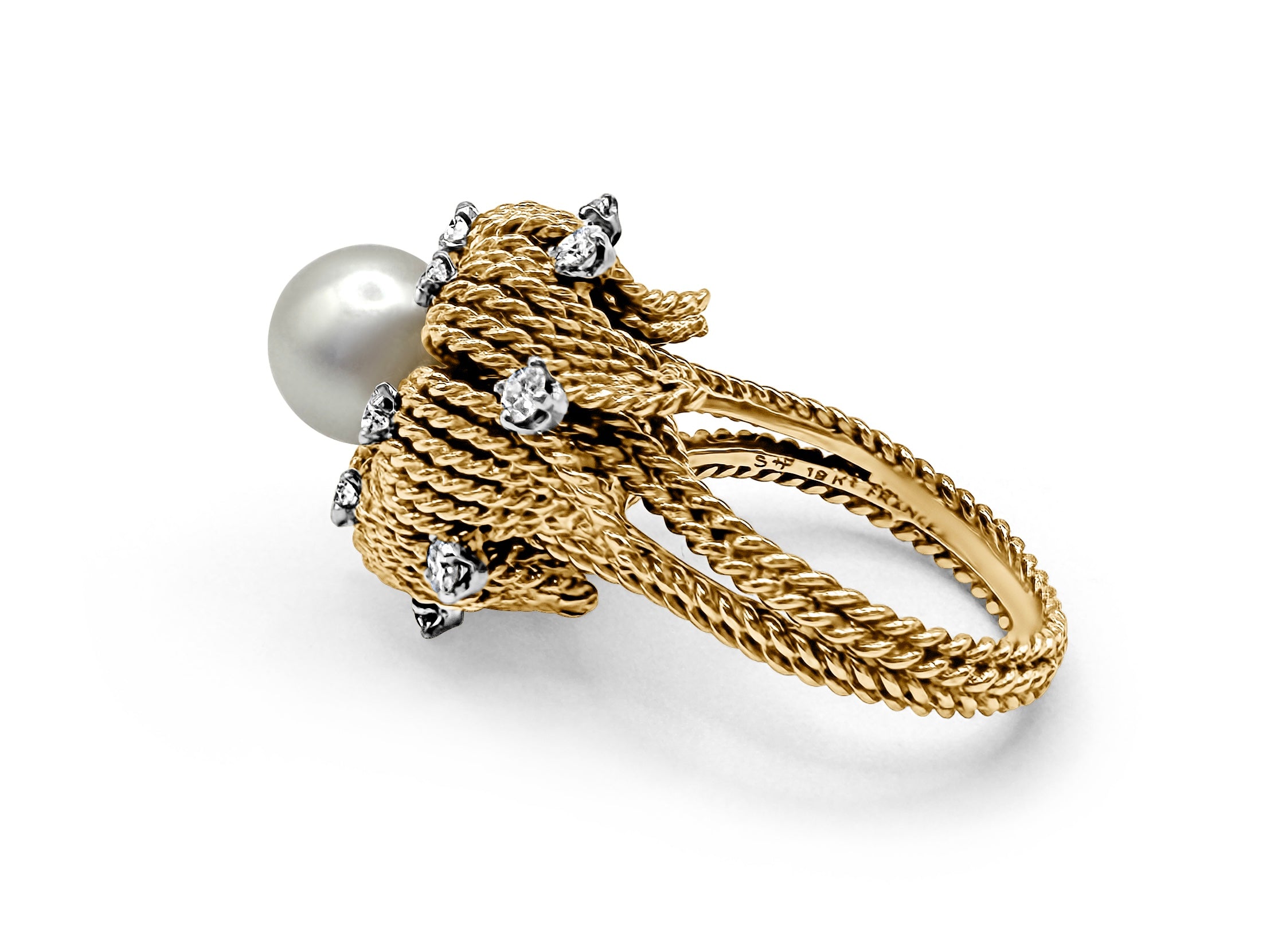 Back view of vintage floral 14k gold pearl and diamond ring