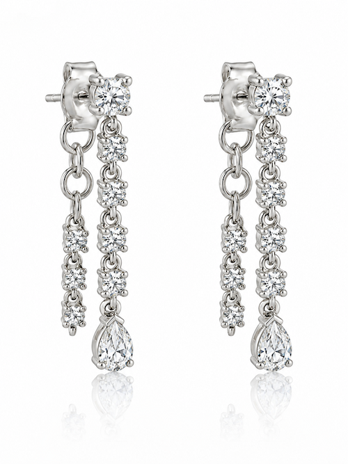 Baby Blue Drop Earrings double row diamond line drop earrings in white gold styled on ear — Waltz Diamonds