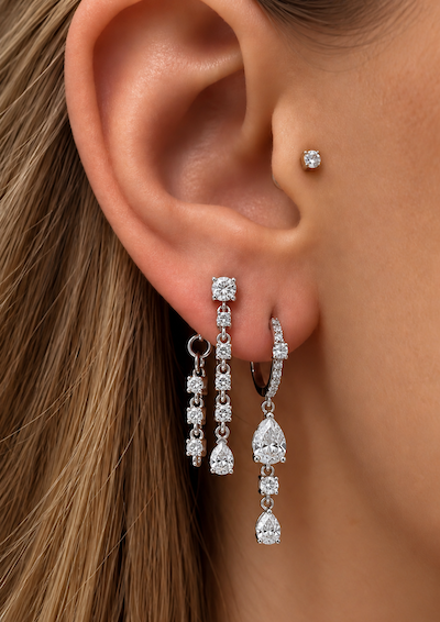 Baby Blue Drop Earrings double row diamond line drop earrings in white gold styled on ear — Waltz Diamonds