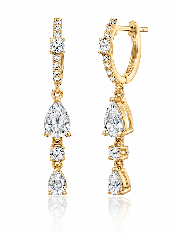 Baby Blue Pear Drop Huggies with  diamond drop in yellow gold — Waltz Diamonds