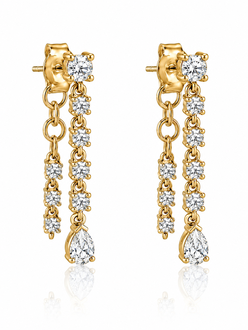 Baby Blue Drop Earrings double row diamond  line drop earrings in yellow gold styled on ear — Waltz Diamonds