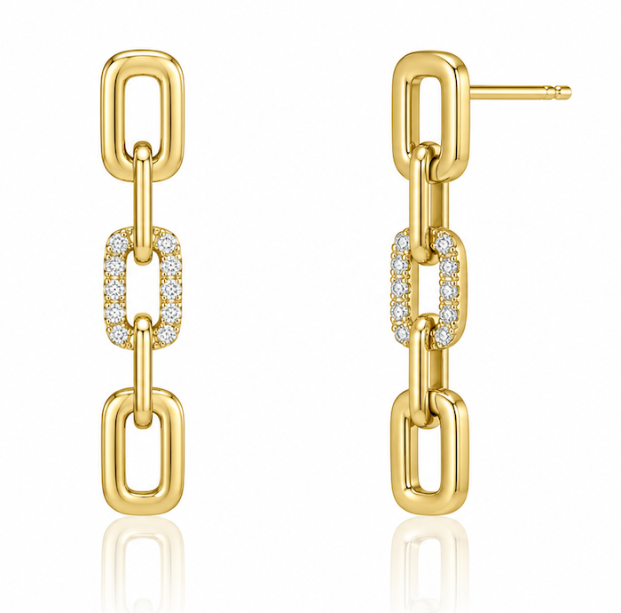 Baby Link Diamond Pave earrings featuring 4 dangling small links in yellow gold — Waltz Diamonds