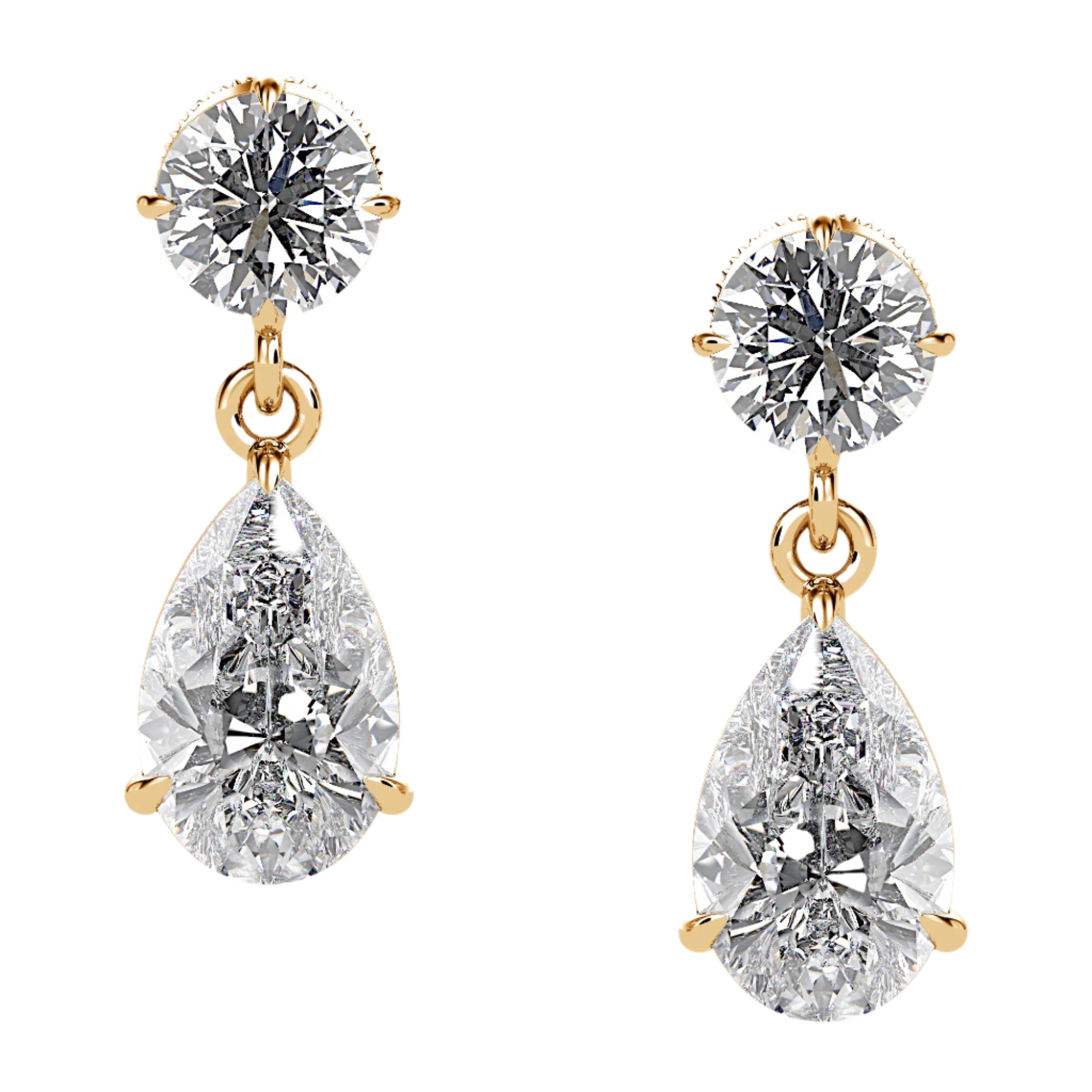 Bougie Baby Duo Diamond Drop Earrings in yellow gold, front view showing round and pear-cut diamonds