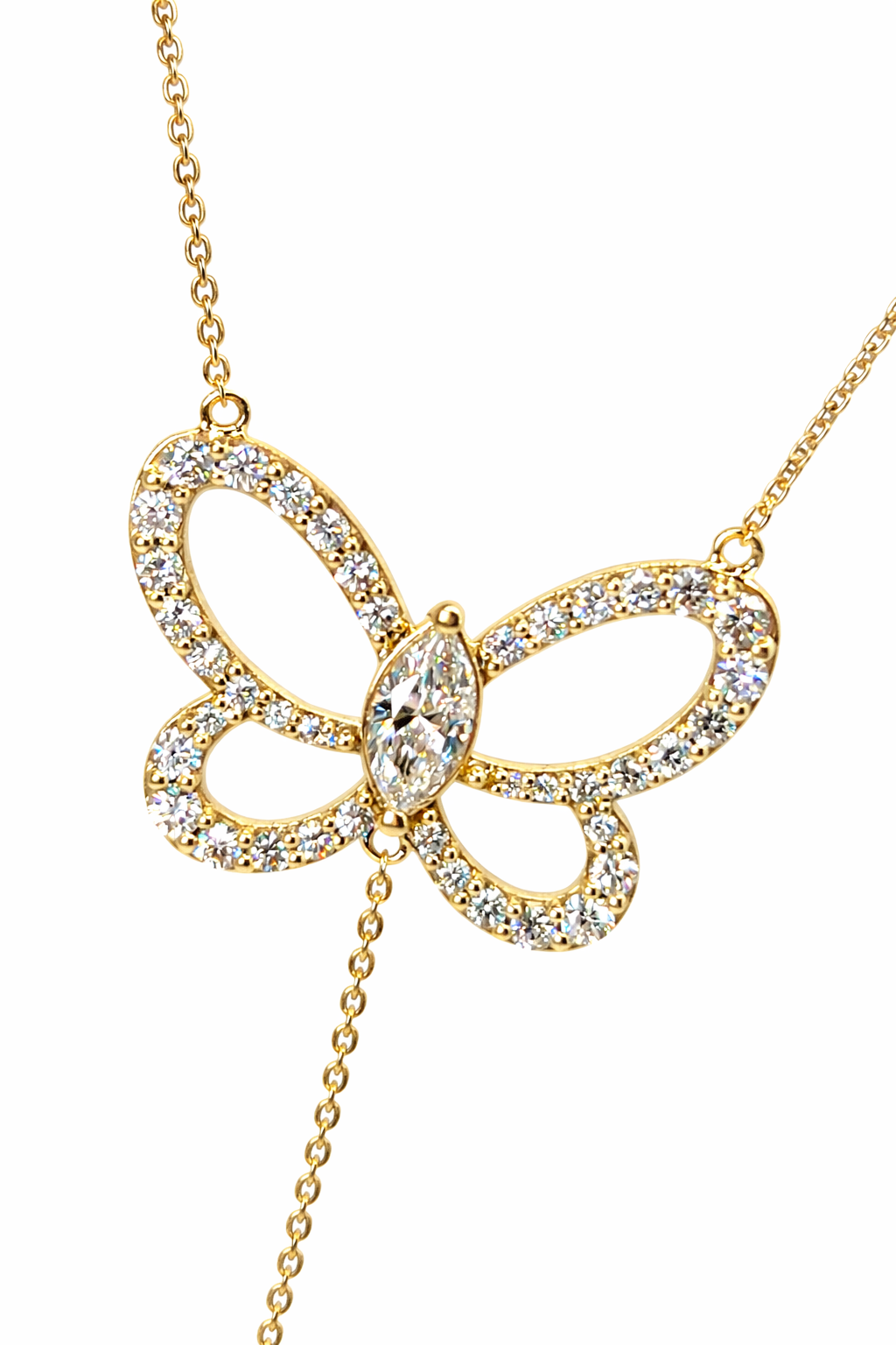 Butterfly Effect Lariat necklace with 3 suspended butterflies with marquise center stones in yellow gold close up — Waltz Diamonds