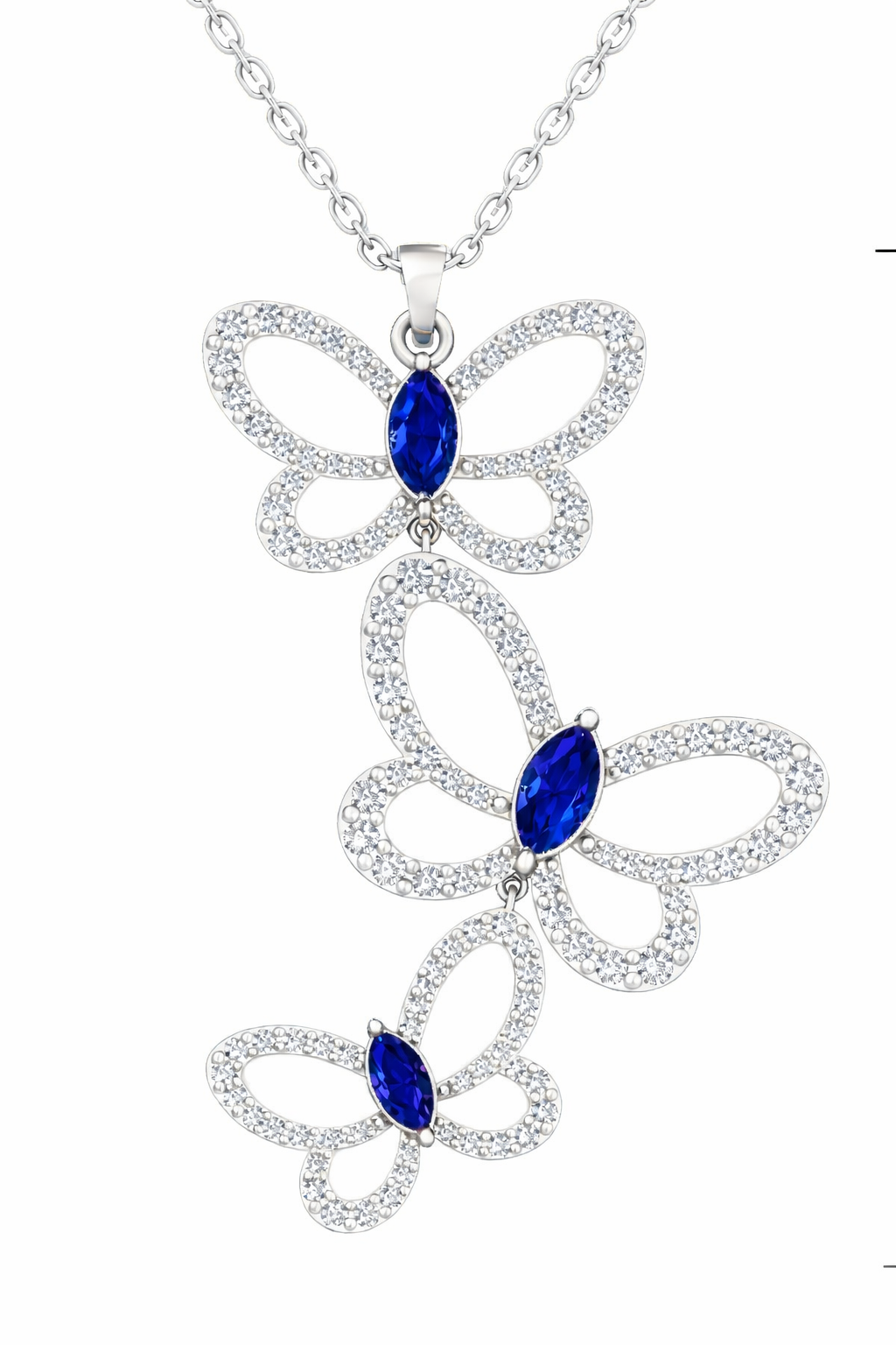 Butterfly effect pendant in white gold featuring 3 butterflies with marquise blue sapphire center stones — Waltz Diamonds