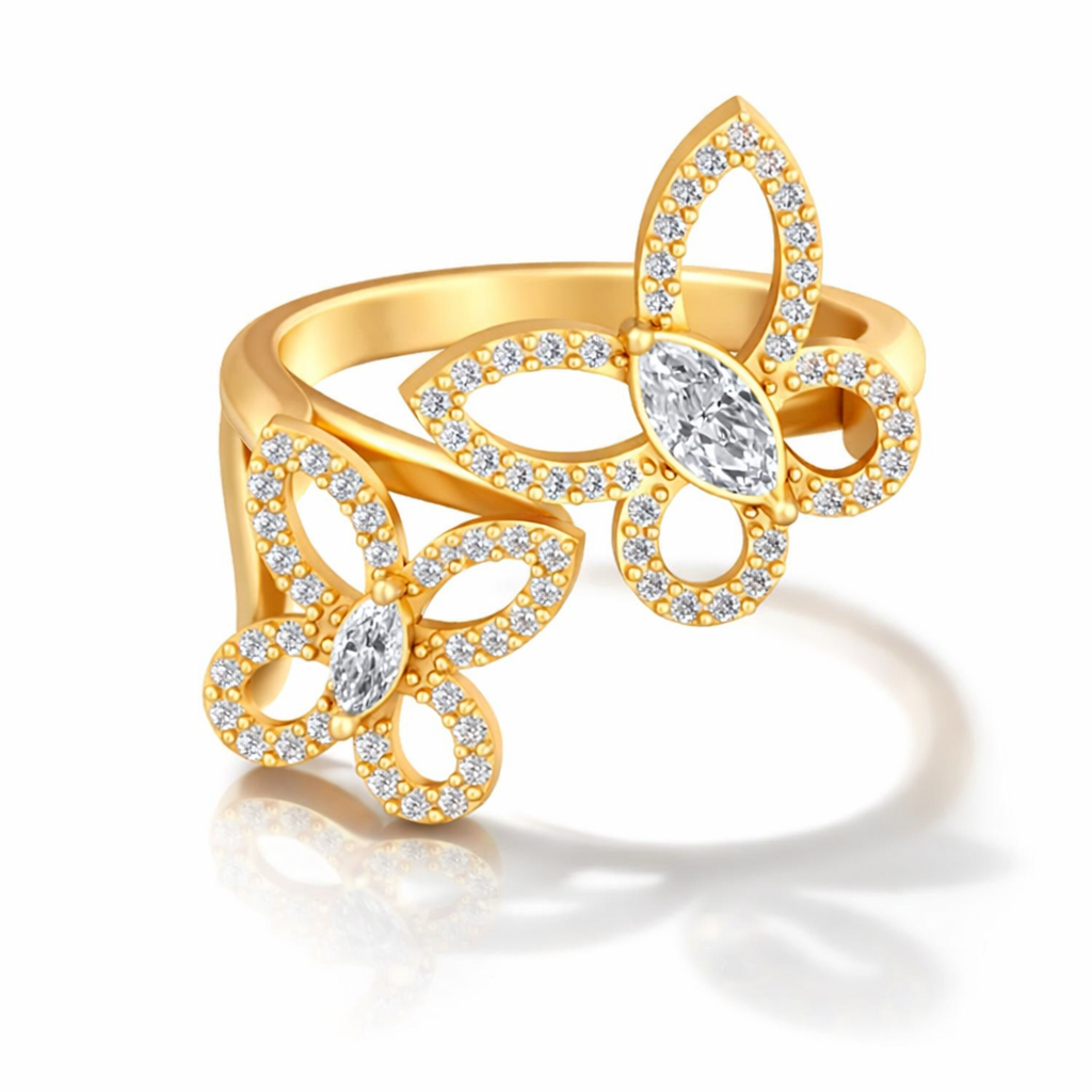 Butterfly Effect ring with floating pavé butterflies and marquise center stones yellow gold — Waltz Diamonds