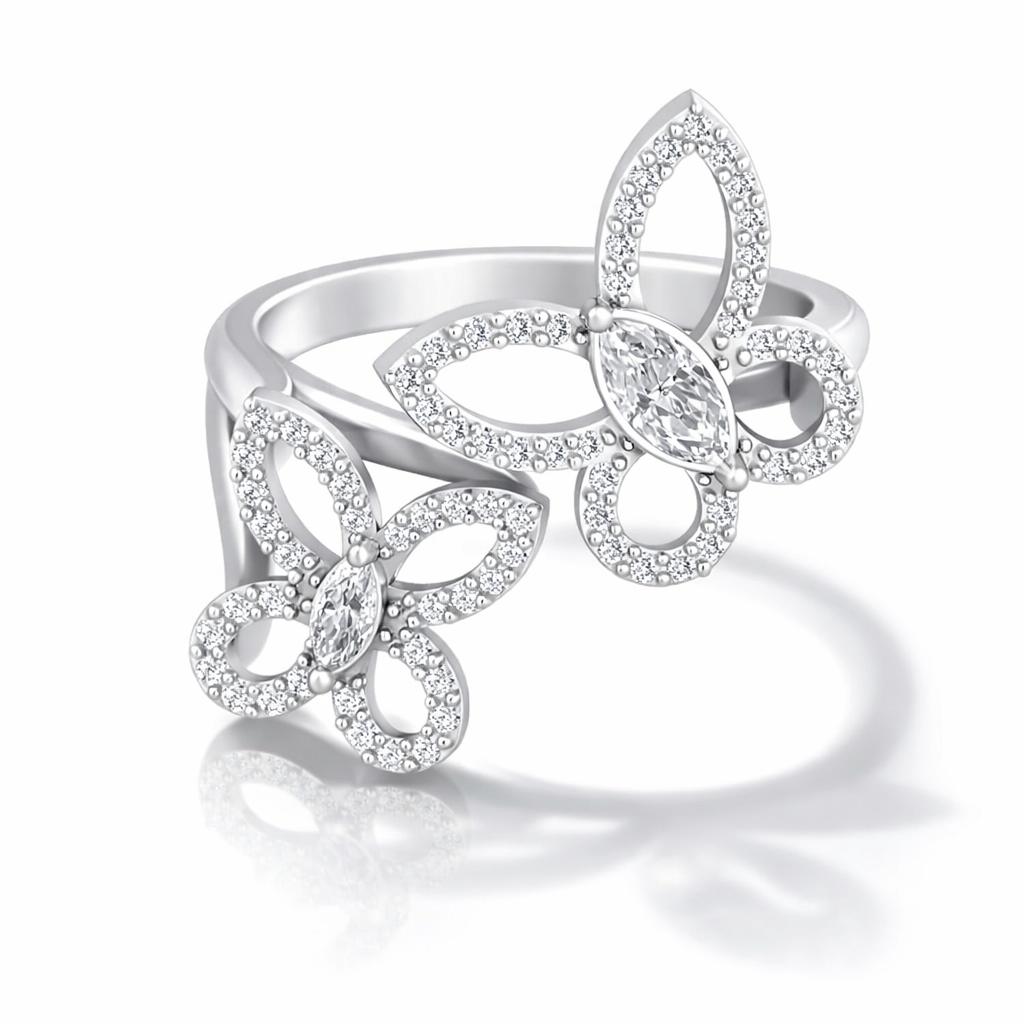 Butterfly Effect ring with floating pavé butterflies and marquise center stones white gold — Waltz Diamonds