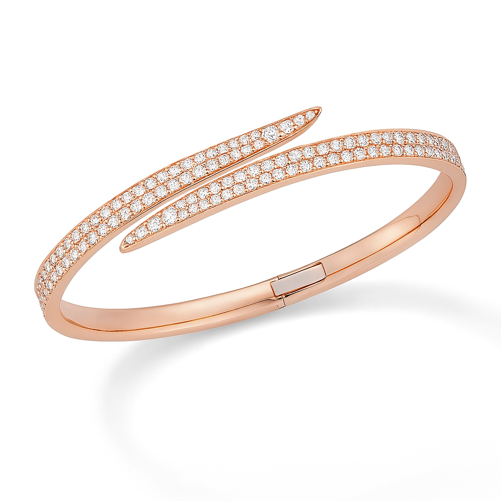 Bypass the Rules diamond bangle in rose gold, inner product shot showcasing bypass design and pavé diamonds.
