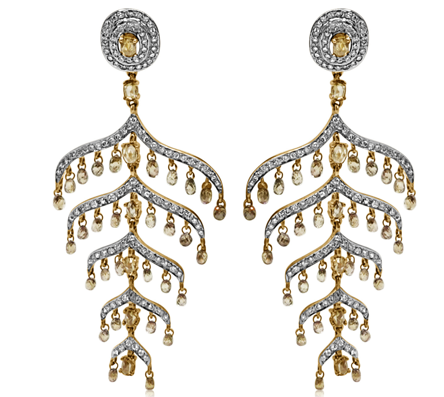Front view of Champagne & Caviar Chandelier Earrings with 8 carats of white and champagne diamonds in 18k gold