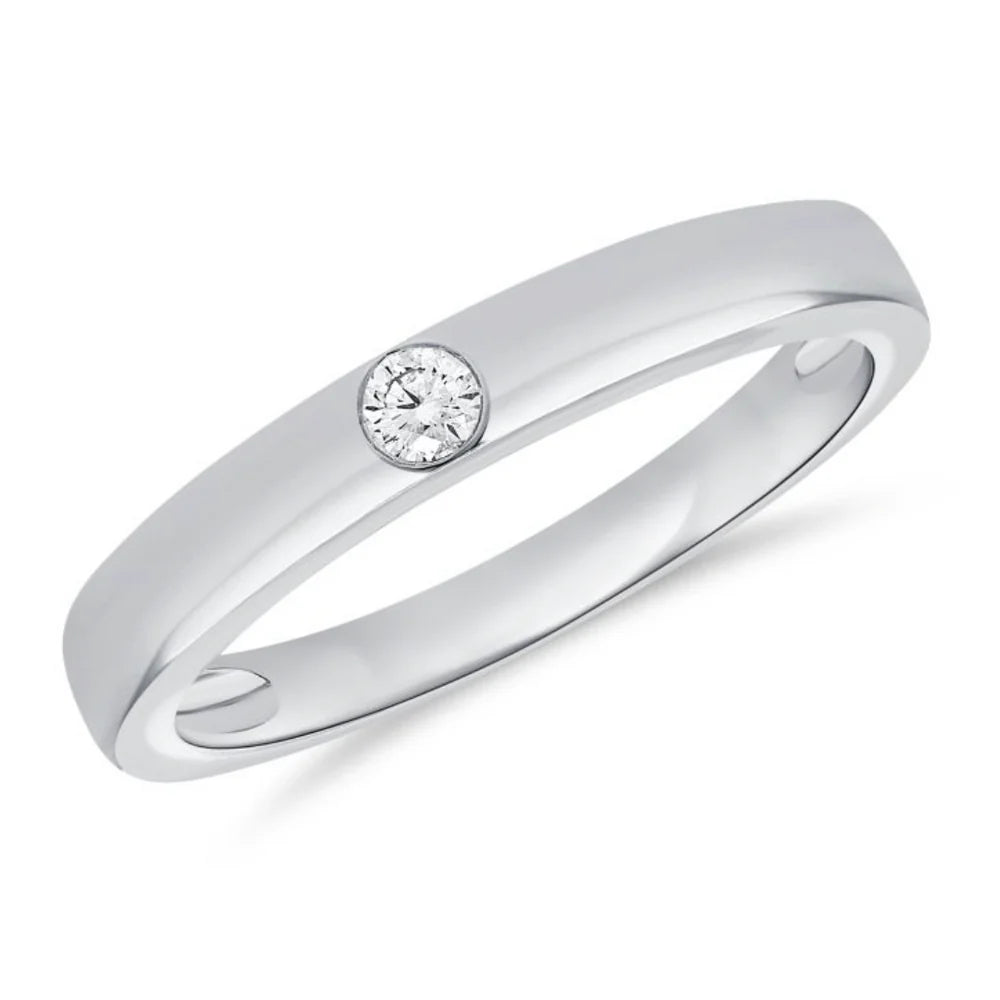 Champagne Please pinky ring in white gold with channel set solitaire diamond on white background
