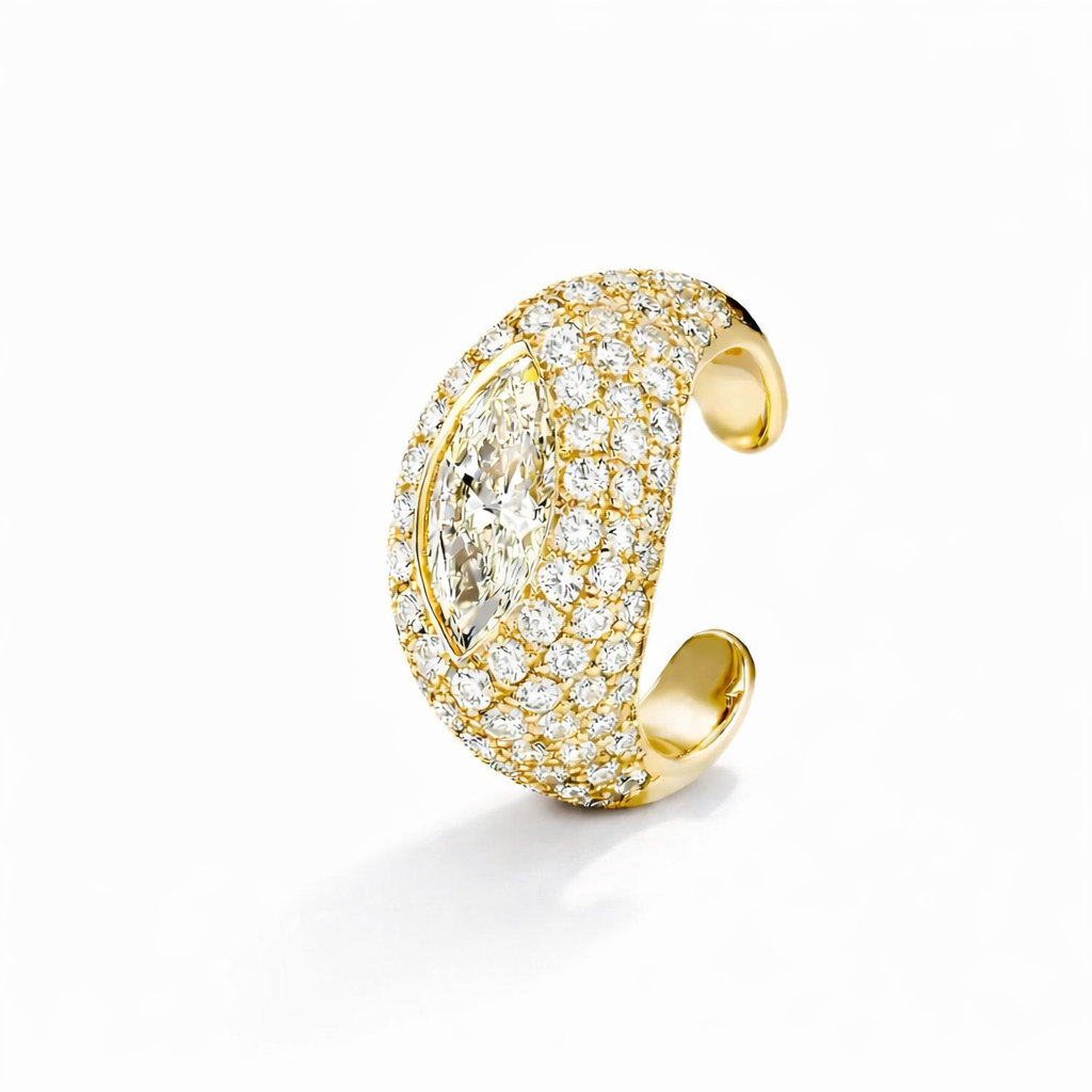 Coup de Cuff ear cuff in yellow gold with marquise diamond and pavé accents, no-piercing required—Waltz Diamonds