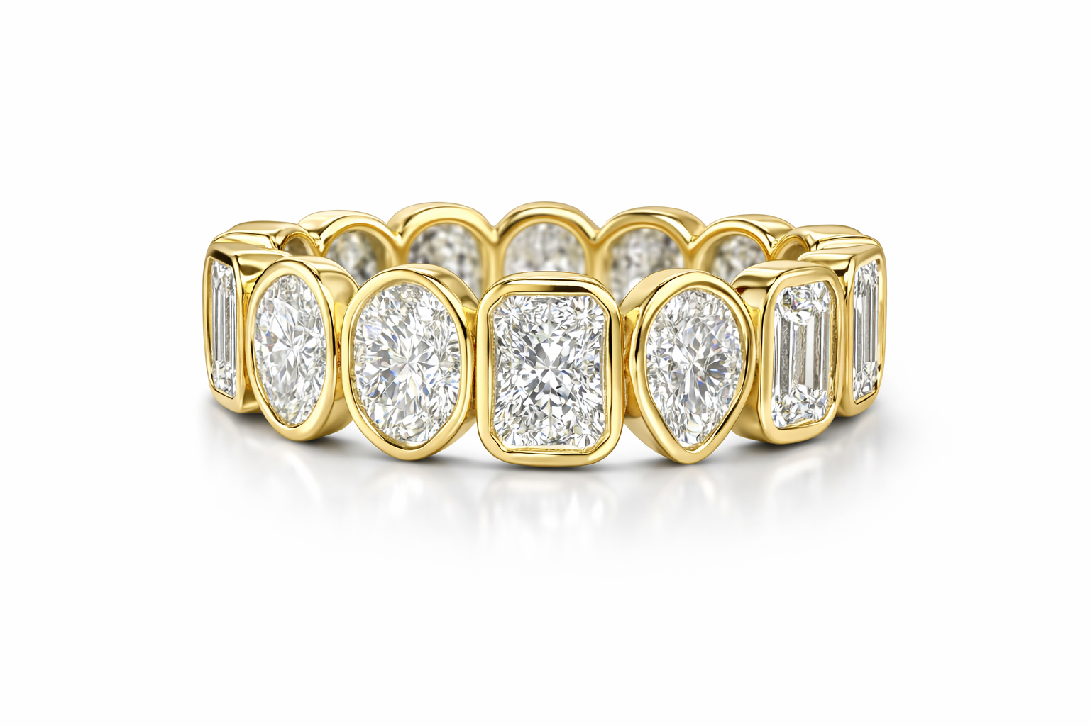 Cut Different multi-shaped bezel set eternity band in yellow gold — Waltz Diamonds