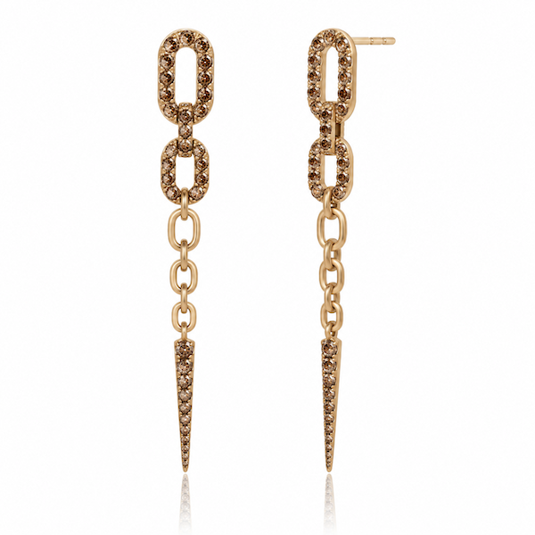 Dagger Drop Earrings with diamond pave links, chain detail and pointed diamond drops in yellow gold champagne colored diamonds — Waltz Diamonds