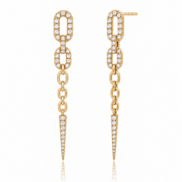 Dagger Drop Earrings with diamond pave links, chain detail and pointed diamond drops in yellow gold — Waltz Diamonds