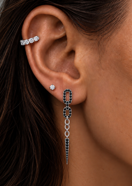 Dagger Drop Earrings with black diamond pave links, chain detail and pointed diamond drops in white gold on ear — Waltz Diamonds