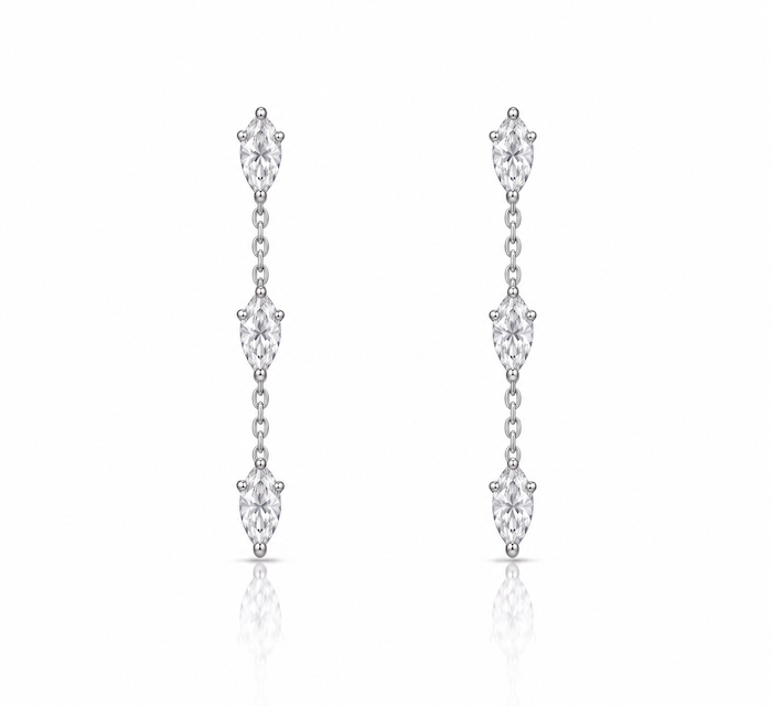 Dancing diamond earrings three pear cut drop earrings in white gold — Waltz Diamonds