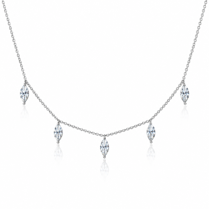 Dancing marquise diamond necklace featuring five marquise cut drop diamonds along white gold necklace — Waltz Diamonds