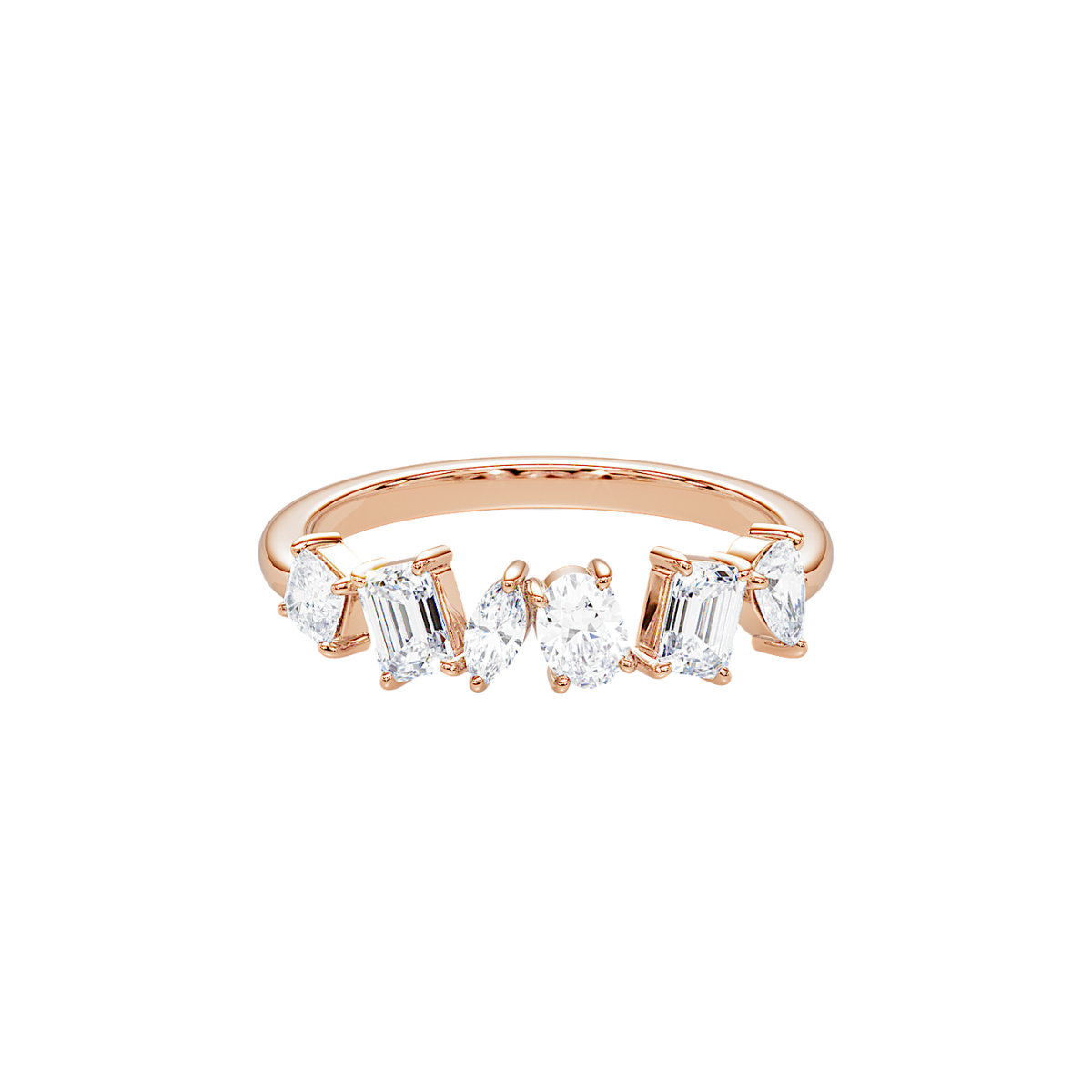 Front-facing product image of the Diversity Band in rose gold with mixed-cut diamonds.