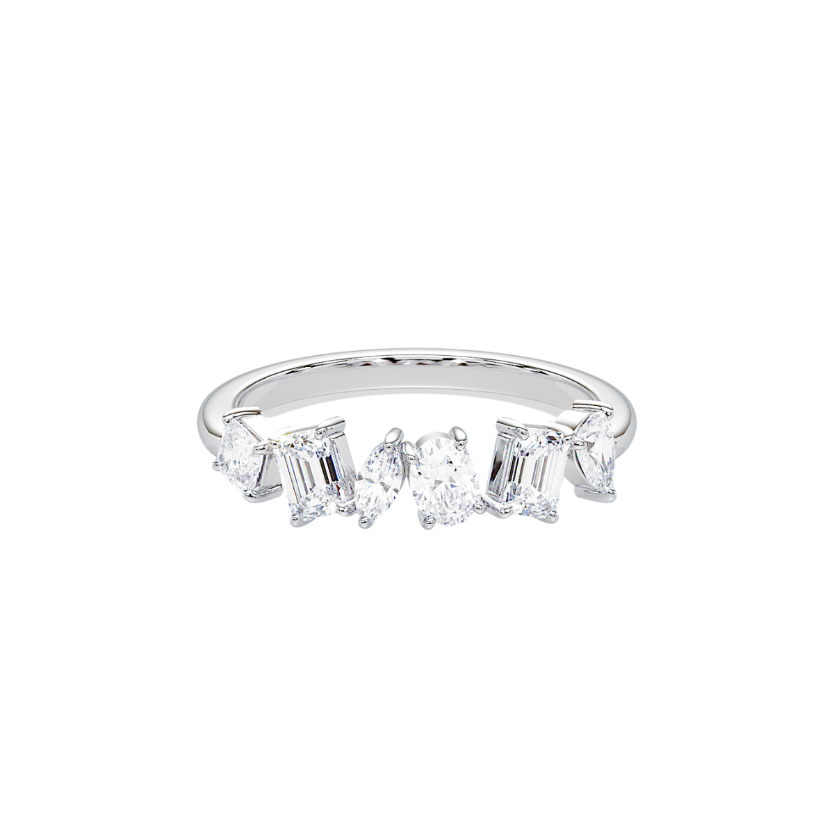 Front view of the Diversity Band in white gold showcasing a variety of diamond shapes.