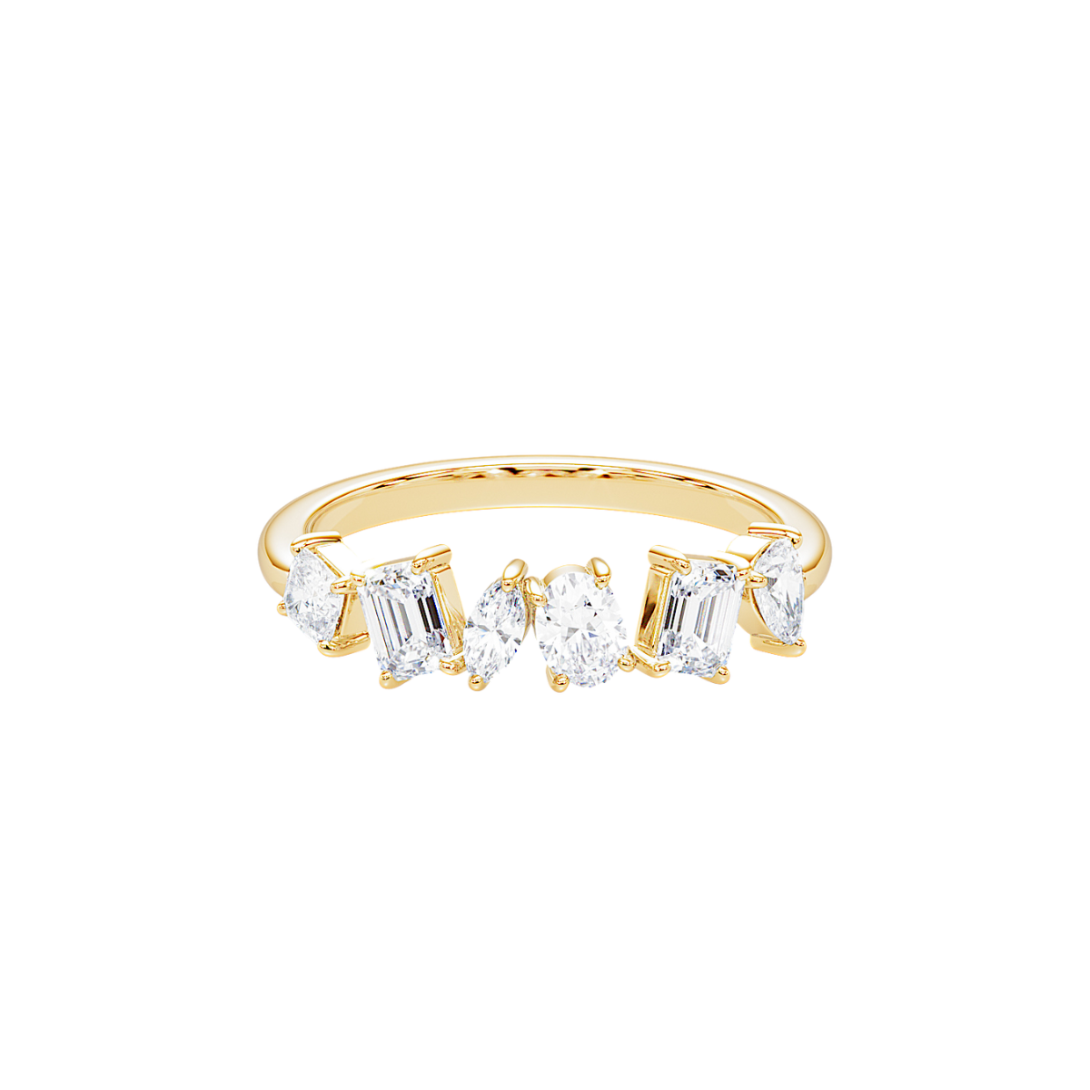Front view of the Diversity Band in yellow gold featuring round, emerald, marquise, and pear-shaped diamonds.