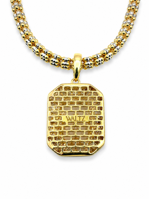 Double framed diamond pendant 3 carat cushion cut diamond set in a two toned framed pendant back side— Waltz Diamonds