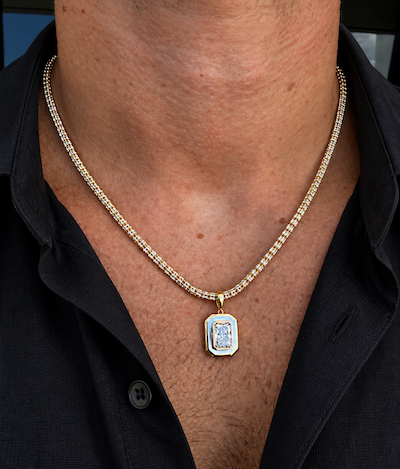 Double framed diamond pendant 3 carat cushion cut diamond set in a two toned framed pendant shown on man— Waltz Diamonds