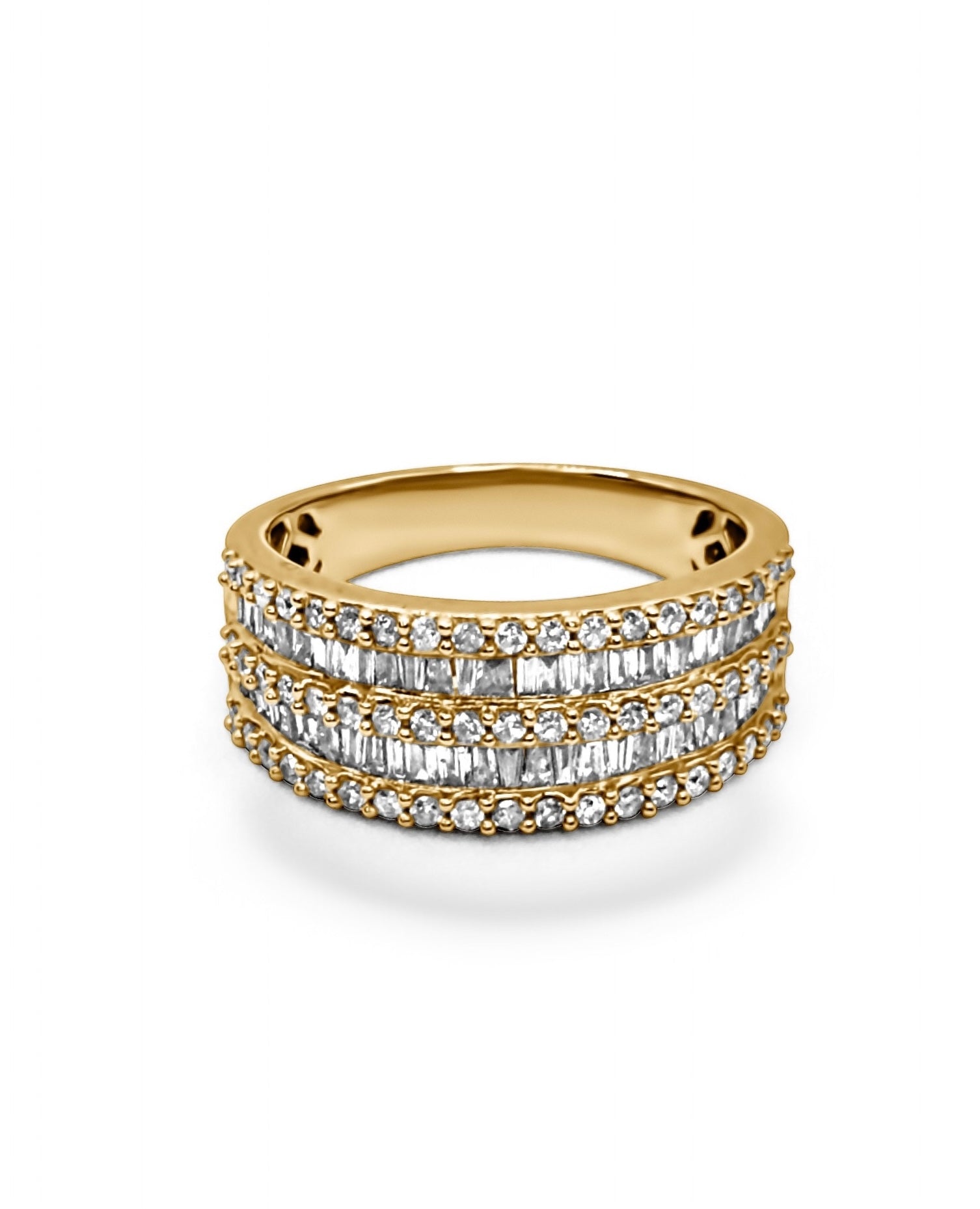 Front view of the Double Trouble Pavé x Baguette Diamond Ring in yellow gold showcasing three pavé rows and two baguette diamond rows.