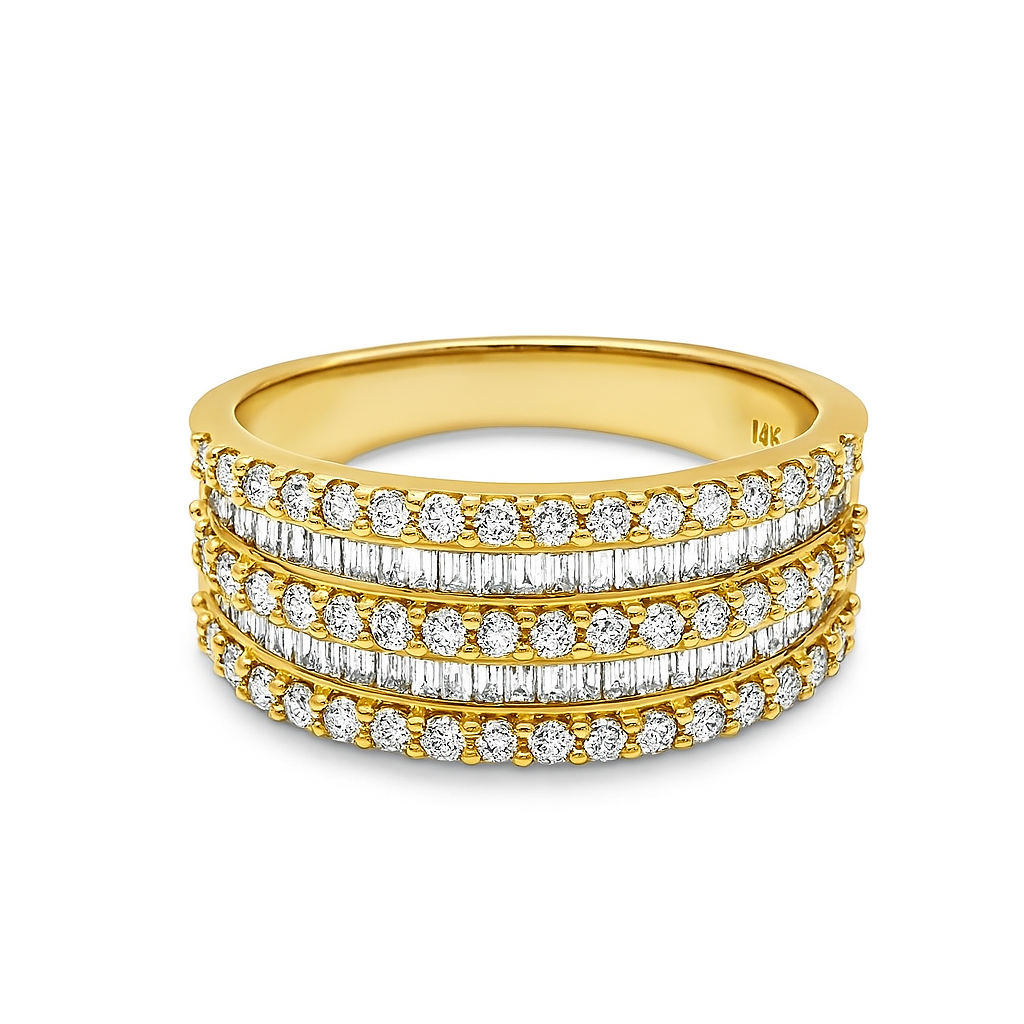 Front view of the Double Trouble Pavé x Baguette Diamond Ring in yellow gold showcasing three pavé rows and two baguette diamond rows.